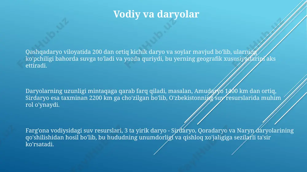 da, shamol eroziyasi natijasida hosil boʻlgan turli xil qumli tepaliklar va barxanlar uchraydi. yassi tekisliklar, masalan, oʻzbekistonning fargʻona vodiysidagi qismlari, 1000 kvadrat kilometrdan ortiq maydonni egallab, unumdor tuproqlar va zich aholi punktlari bilan ajralib turadi. qozogʻiston bilan chegaradosh hududlardagi yassi tekisliklarning bir qismi 200 milliondan ortiq yil avval qurilgan qadimiy geologik tuzilmalar ustida joylashgan boʻlib, ularning tarkibida turli xil foydali qazilmalar mavjud. tekisliklar tekisliklar, masalan, oʻzbekistonning janubiy qismidagi qoraqalpogʻiston tekisligi kabi, oʻrtacha 100-200 metr balandlikda joylashgan boʻlib, choʻl va yarim choʻl landshaftlari bilan tavsiflanadi. qirgʻizistonning shimoliy tekisliklari, issiq yoz va sovuq qish fasllari bilan ajralib turadi, 1500 metrgacha balandlikka yetishi mumkin va oʻtloqi, dasht va choʻl oʻsimliklari bilan qoplanadi. fargʻona vodiysidagi tekisliklar, oʻzining unumdor tuprogʻi va zich aholi punktlari bilan, taxminan 300 kvadrat kilometr maydonni egallaydi va qishloq xoʻjaligi uchun juda qulay hisoblanadi. e'tiboringiz uchun rahmat @taqdimot_robot