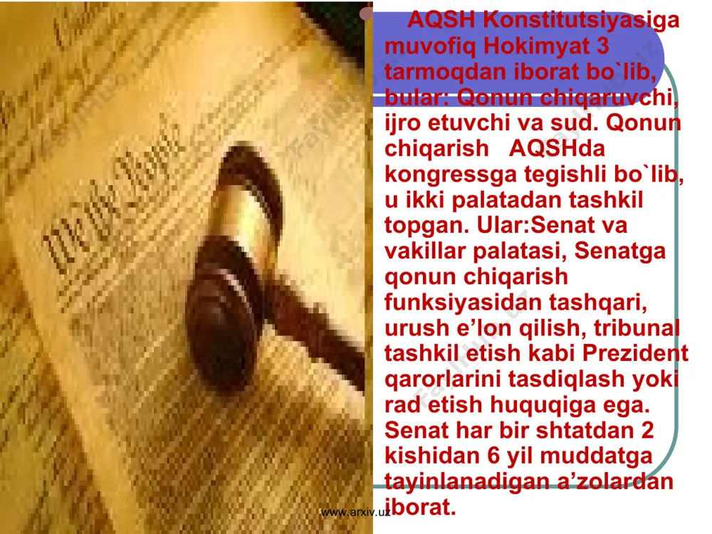 ral miqyosda ushbu jarayonni olib borish konstitutsiyaning 1-modda 2-va 3bo`limlari hamda 2-modda 4-bo`limida ko`rsatilgan. unga ko`ra vakillar palatasi impechment talabnomasini ilgari suradi, senat esa mazkur talabnoma asosida tegishli mansabdor shaxsni sud qiladi. qo`shma shtatlar prezidenti vitse prezidenti va boshqa barcha oliy martabali mulozimlar davlatga hiyonat, poraxo`rlik va boshqa og`ir jinoyatlar va jinoiy hatti-harakatlar uchun impechment asosida hukm qilingandan so`nggina o`z lavozimidan ozod qilinadi. prezidentga nisbatan impechment amaliyoti qo`zg`atilganda, qo`shma shtatlar odil sud hakami sudga raislik qiladi. www.arxiv.uz www.arxiv.uz asosiy qonunning 3-moddasiga asosan,sud hokimyati qo`shma shtatlar oliy sudi va kongres tomonida tashkil etiladigan quyi pog`ona sudlardan iborat. sud hokimyati www.arxiv.uz www.arxiv.uz aqsh oliy sudi umrbod muddatga prezident tomonidan tayinlanadigan va senat tomonidan tasdiqlanadigan 9ta hakamdan iborat. u konstitutsiyani sharhlash bo`yicha ustuvor vakolatga ega. u konstitutsiyaviy nazoratni olib boradi. shtatlarning oliy sudlari federal appelyatsiya sudlariga nisbatan appelyatsiya maqomiga ega.qo`shma shtatlarda 13ta appelyatsiya sudi va 94ta okrug sudlari va 2ta maxsus yurisdiksiyaga ega …