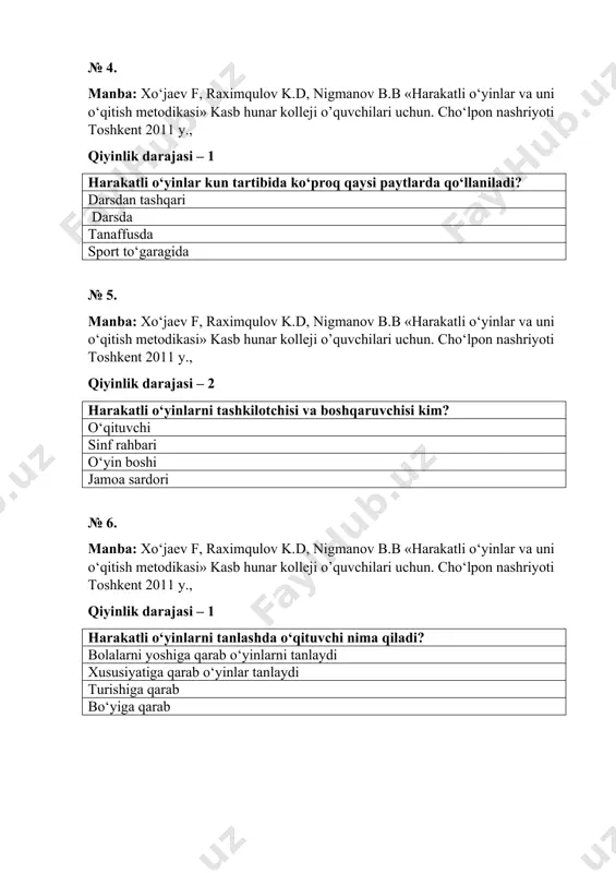 riyoti toshkent 2011 y., qiyinlik darajasi – 1 harakatli o‘yinlarni tanlashda o‘qituvchi nima qiladi? bolalarni yoshiga qarab o‘yinlarni tanlaydi xususiyatiga qarab o‘yinlar tanlaydi turishiga qarab bo‘yiga qarab № 7. manba: xo‘jaev f, raximqulov k.d, nigmanov b.b «harakatli o‘yinlar va uni o‘qitish metodikasi» kasb hunar kolleji o’quvchilari uchun. cho‘lpon nashriyoti toshkent 2011 y., qiyinlik darajasi – 2 jismoniy tarbiya darslarida tayyorlov qismida qanday harakatli o‘yinlarni qo‘llash mumkin? serharakatchan o‘yinlar bolalarni dikkatini jalb qilish o‘yinlari xayolning parishon qildiruvchi kam harakatli № 8. manba: xo‘jaev f, raximqulov k.d, nigmanov b.b «harakatli o‘yinlar va uni o‘qitish metodikasi» kasb hunar kolleji o’quvchilari uchun. cho‘lpon nashriyoti toshkent 2011 y., qiyinlik darajasi – 1 jismoniy tarbiya darsini asosiy qismida qanday o‘yinlar qo‘llash mumkin? o‘rgatuvchi o‘yinlar ser harakatli o‘yinlar tiklovchi o‘yinlar dam oldiruvchi № 9. manba: xo‘jaev f, raximqulov k.d, nigmanov b.b «harakatli o‘yinlar va uni o‘qitish metodikasi» kasb hunar kolleji o’quvchilari uchun. cho‘lpon nashriyoti toshkent 2011 y., …
