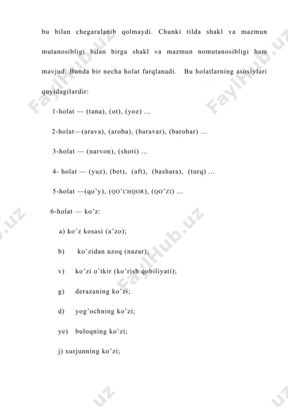 olishi, mazmunan esa farqlanib turishi sistem tilshunoslikda erkin qurshov (kontrast distributsiya) deb aytiladi. erkin qurshovda o’zaro yaqqol farqlanib turadigan til birliklarining mustaqilligi— ular omonimligining eng kuchli isbotidir. [ot i], [ot ii] yuzasidan o’tkazilgan tahlilni, maqsadga muvofiq, [yoz ii], [yoz iii] leksemalari asosida ham davom ettiramiz. aniqrori ushbu jarayonda bu lek​semalarning ham mustaqil til birliklari (omonimlar)ekanligini namoyon qilamiz. qiyoslang: [yoz ii] buklanishi, g’ijimlanishi, urilishi mumkin bo’lgan narsa-buyumlarni ifoda etuvchi leksemalar bilan birikib keladi. [yoz iii] esa o’qilishi mumkin bo’lgan narsalarning nomlari bilan birikadi. (xat yozdi, maqola yozdi). (u bu dasturxonni ham yozdi (gapida esa aynan bir xil qur​shovda [yoz ii] va [yoz iii] leksemalari mazmun mustaqilliklarini to’la saqlagan. yuqorida tahlil qilingan shaklan o’xshash, mazmunan har xil bo’lgan mustaqil leksemalarni (omonimlarni) farqlashda an’anaviy tilshunoslik sistem tilshunoslikdan ko’ra qulayroq va yengilroq usuldan— mantiqiy omildan foydalanadi. ya’ni an’anaviy tilshunoslik shaklan o’xshash birliklarning mazmun tomoni o’zaro bog’liq, aloqador bo’lmagandagina ularni mustaqil til birliklari (omonimlar) deb …