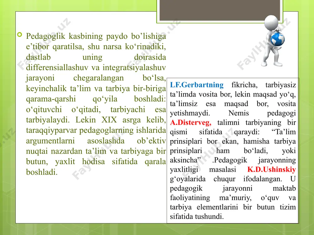ning aloqadorligi, m. kodjaspirov bo‘yicha: ijtimoiy shart-sharoitlar bilan shartlanganlik qonuniyati, tarbiviv jarayon mohiyatining shartlanganlik qonuniyati, tarbiya, o‘qitish, ma’lumot va rivojlanishning o‘zaro bog‘liqligi qonuniyati. tarbiya va o‘zini-o‘zi tarbiyalashning birligi qonuniyati. ta’lim va tarbiya jarayonida muloqotning hal qiluvchilik roli qonuniyati yaxlit pedagogik jarayon tamoyillarining yu.k.babanskiy bo‘yicha tasnifi: • pedagogik jarayonning maqsadga yo‘naltirilganligi; • ta’lim va tarbiya mazmunining ilmiyligi; • ta’lim oluvchilarning yosh va individual xususiyatlarini hisobga olish, tushunarlilik; • tizimlilik va ketma-ketlik; • onglilik, faollik, tashabbuskorlik, ta’lim oluvchilarning ijodkorligi; • ta’lim va tarbiyaning ijtimoiy faoliyati, ishlab chiqarish mehnati bilan aloqasi: • ta’lim va tarbiyaning jamoaviy xarakteri; • ko‘rgazmalilik; • ongli talabchanlik bilan birgalikda ta’lim oluvchi shaxsini hurmat qilish; • ta’lim va tarbiyaning qoidaviy metod, shakl va vositalarini tanlab olish; • sababiylik, onglilik hamda ta’lim, tarbiya va rivojlanishining amaliy natijalari; • tarbiyaga kompleks yondashuv. b.t.lixachev tasnifi. • o‘quv-tarbiya jarayonining ijtimoiy-qadriyatli maqsadga yo‘nalganligi; • ta’lim oluvchilar faoliyatining turli turlarining o‘zaro harakatini tashkil etishga kompleks …