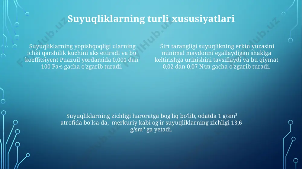 rganib chiqish kerak, chunki bu sanoat jarayonlari uchun muhimdir. sirt tarangligining amaliy qo'llanilishi sirt tarangligi, 70 dan ortiq foiz suvdan iborat inson qonining yopishqoqligiga va qon aylanish tizimining normal ishlashiga ta'sir ko'rsatadi. kimyo sanoatida sirt faol moddalar yordamida sirt tarangligini pasaytirish orqali, 20-30% gacha emulsiyalarni hosil qilish samaradorligini oshirish mumkin. sirt tarangligi tufayli suv 100 mn/m ga yaqin sirt tarangligiga ega boʻlib, bu oʻsimliklarning kapillyar naychalarda suvni yuqoriga koʻtarishini ta'minlaydi. tajriba natijalari va ularning tahlili haroratning sirt tarangligiga ta'siri o'rganilib, harorat 10°c ga oshganda sirt tarangligi taxminan 1 mn/m ga kamayganligi aniqlandi. tajriba natijalari, suv (20°c) uchun o'rtacha sirt tarangligi 72 mn/m ni tashkil etdi, bu adabiyotlardagi ma'lumotlarga yaqin. xatolik chegarasi ±1 mn/m bo'ldi. turli konsentratsiyali sovun eritmalarida sirt tarangligining konsentratsiyaga teskari proportsional ravishda kamayganligi aniqlandi; 10% li eritmada 45 mn/m gacha pasayish kuzatildi. xatolar va ularning oldini olish silliq sirtlarga ega idishlardan foydalanish yoki suyuqlik sirtini toza saqlash orqali …