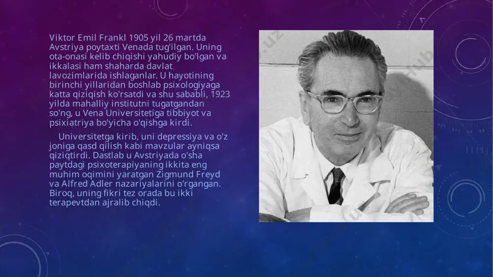 mizni saqlab qolishga qodir ekanligiga ishonishgan. osvensimda va u yashagan boshqa kontslagerlarda boshdan kechirgan dahshatli voqealar paytida frankl hayotdagi maqsadi boshqalarga o'zlarini topishiga yordam berish ekanligini aniqladi. shunday qilibinson ma'nosini izlashva keyingi ishlarining qolgan qismida u ushbu kontseptsiyani chuqur o'rganib chiqdi. keyin biz uning eng muhim tarkibiy qismlari qaysi ekanligini bilib olamiz. hayotning ma'nosini ushbu qadriyatlarning har qandayida va ular tomonidan yaratilgan harakatlarda topish mumkin. bundan kelib chiqadiki, inson hayoti o'z mazmunini yo'qotadigan bunday holatlar va holatlar mavjud emas. muayyan vaziyatda ma'no topish frankl "ma'lum bir vaziyatga nisbatan harakat imkoniyatlarini anglash" deb ataydi. aynan shu ongga logoterapiya yo'naltiriladi, bu odamga vaziyatda mavjud bo'lgan barcha ma'nolarni ko'rishga va uning vijdoniga mos keladigan narsani tanlashga yordam beradi. shu bilan birga, ma'no nafaqat topilishi, balki amalga oshirilishi ham kerak, chunki uning amalga oshirilishi shaxsning o'zini anglashi bilan bog'liq. ushbu ma'noni anglashda inson faoliyati mutlaqo erkin bo'lishi kerak. umumjahon determinizm g'oyasiga qo'shilmagan frankl, o'z …