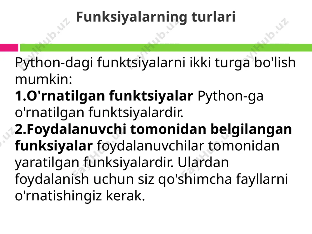 sturning turli joylaridan chaqirish mumkin, bu esa dastur kodini takrorlashning oldini oladi. funktsiya sintaksisi: def function_name ( parametrlar ): """docstring""" operatorlari def so'zi yordamida aniqlanadi . bu so'zdan keyin funksiya nomi, undan keyin ba'zi o'zgaruvchilarning nomlarini belgilashingiz mumkin bo'lgan qavslar va qator oxirida ikki nuqta qo'yiladi. quyida funksiyani tashkil etuvchi buyruqlar bloki keltirilgan. funktsiya komponentlari def kalit so'zi funksiya sarlavhasining boshlanishi. funktsiya nomi - funksiyani yagona aniqlash uchun. u pythonda identifikatorlarni nomlash qoidalariga amal qiladi. parametrlar (argumentlar) yordamida biz funktsiyaga qiymatlarni o'tkazamiz. hech qanday bahs bo'lmasligi mumkin. ikki nuqta : funktsiya sarlavhasining oxirini bildiradi. funktsiya nima qilishini tasvirlash uchun ixtiyoriy hujjatlar qatori ( docstring ) kerak. bir yoki bir nechta python iboralari funksiya tanasini tashkil qiladi . barcha ko'rsatmalar bir xil bo'sh bo'lishi kerak (4 bo'sh joy yoki 1 tab). qaytarish bayonoti funksiyadan berilgan qiymatni qaytaradi. bu ixtiyoriy. funktsiyaga misol funktsiyani chaqirish funktsiyani aniqlaganimizdan so'ng, biz uni dasturda yoki hatto …