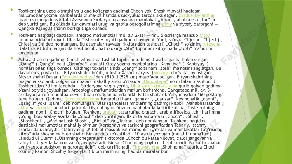kiya“ („kanizyuy“) nomlari bilan tilga olinadi. qadimgi toxarlar tilida „qangʻ“ soʻzi ham „tosh“ maʼnosini anglatgan. bu davlatning poytaxti — bityan shahri boʻlib, u iosha-xasart daryosi (sirdaryo) boʻyida joylashgan. bityan shahri davan (fargʻona vodiysi)dan 1510 li (528 km) masofada boʻlgan. bityan shahrining bizgacha saqlanib qolgan xarobalari mahalliy aholi oʻrtasida „qanqatepa“ nomi bilan mashhur. u toshkentdan 70 km janubda — sirdaryoga yaqin yerda, ohangaron daryosining qurib qolgan qadimgi oʻzani boʻyida joylashgan. arxeologik maʼlumotlardan maʼlum boʻlishicha, qanqatepa mil. av. 3-asrdayoq atrofi mudofaa devori bilan oʻralgan hamda arkli katta shahar boʻlib, maydoni 160 gektarga teng boʻlgan. qadimgi qangʻ davlatining fuqarolari ham „qangʻar“, „qanzar“, keyinchalik „qanhi“, „qangʻli“ yoki „qaʼni“ deb nomlangan. ular (qanqalar) hindlarning qadimgi kitobi „mahabharata“da saklar va toxarlar nomlari qatorida tilga olingan. yozma manbalarda keltirilishicha, toshkentning qadimgi nomi „choch“ boʻlgan. toshkent arablar tasarrufiga oʻtgach, arab alifbosida „ch“ harfining yoʻqligi bois arabiy asarlarda „shosh“ deb yuritilgan. ilk oʻrta asrlarda u „choch“, „shosh“, „shoshkent“, „madinat …