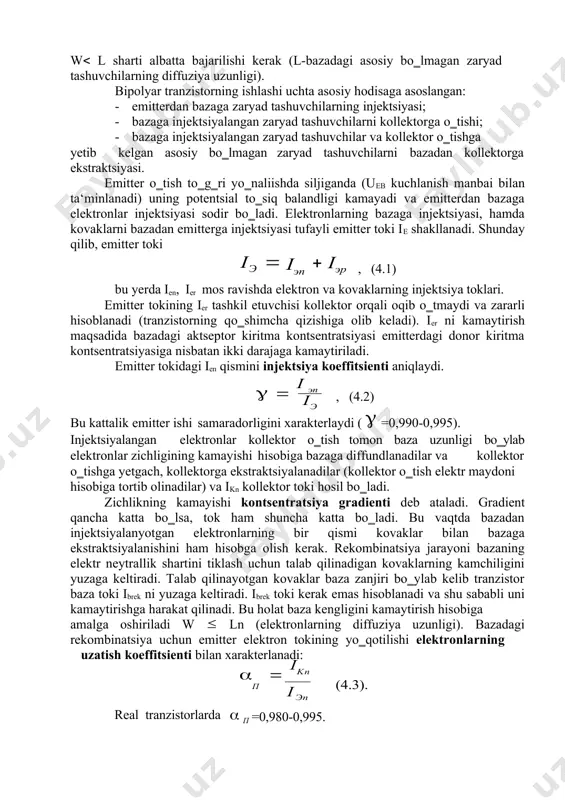 l etuvchidan iborat bo‗ladi ik  ikn  ik 0 agar ikn ni emitterning to‗liq toki bilan aloqasini hisobga olsak, u holda ikn  iэ · ik 0 , (4.4) bu yerda   п - emitter tokining uzatish koeffitsienti. bu kattalik ub ulanish sxemasidagi tranzistorni kuchaytirish xossalarini namoyon etadi. kirxgofning birinchi qonuniga mos ravishda baza toki tranzistorning boshqa toklari bilan quyidagi nisbatda bog‗liq iэ  iб · ik . (4.5) bu ifodani (4.4)ga qo‗yib, baza tokining emitterning to‗liq toki orqali ifodasini olishimiz mumkin: iб  1 iэ  ik 0 . (4.6) koeffitsient  1 ligini hisobga olgan holda, shunday hulosa qilish mumkin: ub ulanish sxemasi tok bo‗yicha kuchayish bermaydi ( ik  iэ ). tok bo‗yicha yaxshi kuchaytirish natijalarini umumiy emitter sxemasida ulangan tranzistorda olish mumkin (4.3 b-rasm). bu sxemada emitter umumiy elektrod, baza toki - kirish toki, kollektor toki esa – chiqish toki hisoblanadi. (4.4) va (4.5) …