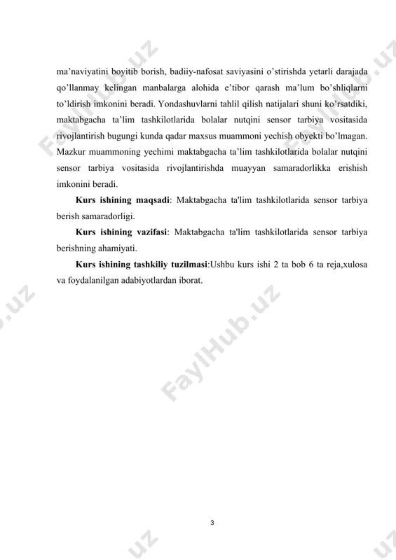 acha yoshdagi bolalar sensor tarbiyasini kechiktirmasdan olib borishni taqazo qiladi. maktabgacha yoshdagi bolalarni tarbiyalashda hamda ularda “tuyg’u, sezgi, idrok , sezish ” kabi qobilyatlarni shakllantirishda sensor tarbiya muhim o’rin tutadi. sensor tarbiya bu - sezgi va idrokni biror maqsad asosida rivojlantirishdir. sensor so’zi lotincha so’zdan olingan bo’lib, “sensus” – “tuyg’u”, “sezgi”, “idrok” ma’nolarini bildiradi. demak borliqni his qilish sezish va idrokdan boshlanadi. shuni ta’kidlash joizki maktabgacha yosh davri sensor jarayonlarni rivojlanish davri sanaladi. shuning uchun bu davrda sensor tarbiya muhim o’rin tutadi. sensor tarbiya bolalarda hissiy bilish qobilyatlarini shakllantirishga va sezgi –idrokni takomillashtirishga qaratilgan pedagogik jarayondir. sensor tarbiya bilan ish olib borishda ko’proq pedagoglar hamda ruxshunoslar tinimsiz murojaat qiladilar. sensor tarbiyani o’rganish hamda rivojlantirishga ko’pgina pedagoglar frebil, m.montesseri, o.dekroli va boshqalar tomonidan yaratilgan ishlari bolalarning qo’ldagi mayda muskullarini rivojlantirishga, rang va uning turlari, turli shakl hamda hajmni yuqori darajada farq qilishga erishishlarini o’z oldiga maqsad qilib qo’ydi. ayniqsa montessorining “sensor” …