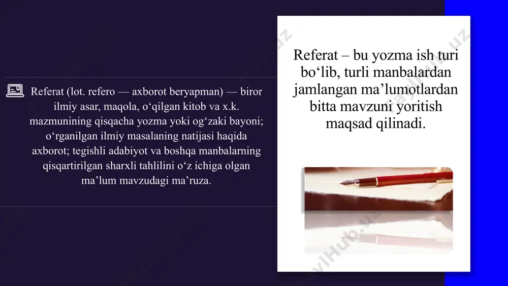 lishi kerak: kirish, asosiy qism, xulosa, foydalanilgan adabiyotlar ro‘yxati, - ilovalar (referatning shart bo‘lmagan qismi). 3. zarur materialning konspekt qilinishi 4. muammoni tadqiq qilish mantiqini ishlab chiqish, referat rejasini tuzish kirishda tanlangan mavzuning nazariy va amaliy jihatlardan dolzarbligi asoslanadi, referat qilish maqsadi va vazifalari ifodalanadi. asosiy qismda barcha muhim qoidalar aks ettirilishi kerak. referat asosiy qismining matni to‘plangan materialning tegishlicha taqsimlanishi bilan masalalarga va kichik masalalarga (bandlarga) bo‘linishi zarur. referatning xulosasi referat tanlangan mavzuni o‘rganish natijasida qilgan aniq ifodalangan xulosalarni, shuningdek hal etilmay qolgan va keyinchalik ishlab chiqishni talab qiladigan masalalarni o‘z ichiga oladi. 5 5. to‘plangan materialning bir tizimga solinishi va referatning yozilishi foydalanilgan adabiyotlar ro‘yxati qat’iy belgilangan tartibda tuziladi: 1. o‘zr qonunlari. 2. o‘zr prezidenti farmonlari. 3. o‘zr hukumati qarorlari. 4. me’yoriy hujjatlar, yo‘riqnomalar. 5. kitoblar, davriy nashrlarda e’lon qilingan maqolalar. 6. internetdan olingan axborot manbalari. 6. adabiyotlar ro‘yxatining rasmiylashtirilishini tekshirish referat savodli tarzda yozilishi va toza ko‘rinishda …
