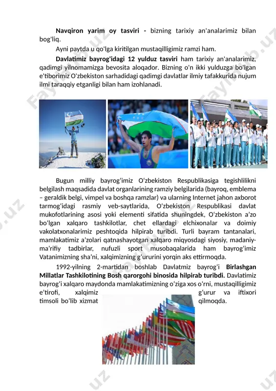 bilan munosabatda bo‘linishiga yo‘l qo‘yilmaydigan aniq hollar belgilanishi, vatanga nisbatan faxr-iftixor va mehr-muhabbat tuyg‘ulari yanada kuchaytirilishini ta’minlash maqsadida fuqarolarning takliflari va talab-istaklarini hisobga olgan holda, o‘zbekiston respublikasining 2023-yil 7-iyuldagi “o‘zbekiston respublikasining davlat bayrog‘i to‘g‘risida”gi o‘zbekiston respublikasi qonuniga o‘zgartirish va qo‘shimchalar kiritish haqida”gi o‘rq-853-son qonuni qabul qilindi. mazkur qonunning 5-moddasi birinchi qismi 1, 2, 3-bandlari yangi tahrirda bayon etildi. ushbu moddaning ikkinchi qismi quyidagicha mazmunda yangi tahrirda bayon etildi: “o‘zbekiston respublikasining davlat bayrog‘iga nisbatan hurmatni ta’minlagan holda, undan ushbu moddaning birinchi qismida ko‘rsatilmagan ob’ektlarda, shuningdek umummilliy bayramlarda, sport musobaqalarida, ommaviy jismoniy tarbiya tadbirlarida, madaniy va o‘zga ommaviy tadbirlarda, rasmiy xalqaro tadbirlarda, tantanali tadbirlarda, oilaviy bayramlarda, xotira sanalarini nishonlashda, jamiyat va davlat arboblarining, harbiy xizmatchilarning dafn marosimlarida hamda boshqa hollarda, shu jumladan yog‘och dastani (bayroq dastasini) ishlatmasdan foydalanilishi mumkin.” shuningdek, mazkur moddaga uchinchi qism ham qo‘shildi: “o‘zbekiston respublikasining davlat bayrog‘iga nisbatan hurmatni ta’minlagan holda, undan jamoat joylarida, binolar va boshqa obyektlarda, yashash …