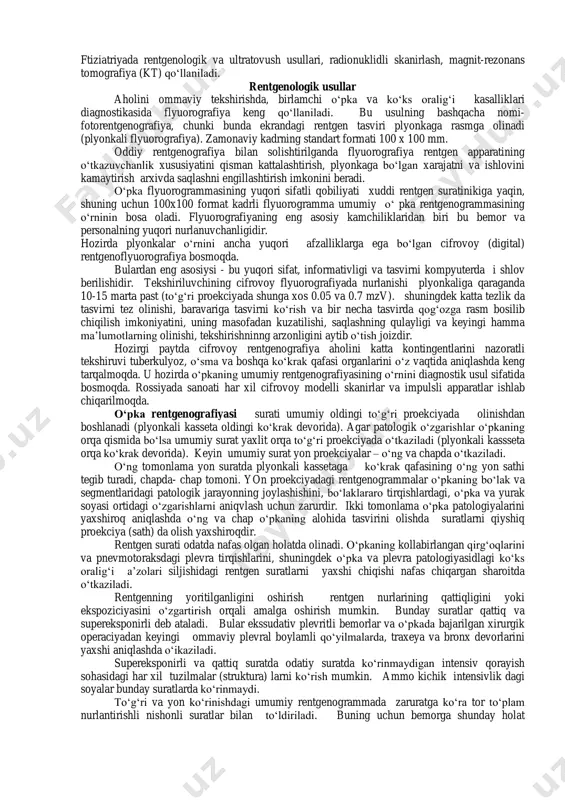 raxeobronxial o‘tkazuvchanlikni baholash maqsadida votchal-tiffno sinamasi o‘tkaziladi. u bemor maksimal nafas olgandan so‘ng forsirlangan nafas chiqarishning birinchi sekundida chiqariladigan nafas hajmini aniqlashdan iborat (normada 70% dan kam emas). hozirgi davrda spirografiya tekshiruvni tez, oson amalga oshirish, bemor uchun qiyinchilik tug‘dirmaydigan, tezlik bilan ko‘rsatkichlarni olishga imkon beruvchi kompyuterlashtirilgan apparatlarda tashqi nafas faoliyatining (tfn(fvd)) ko‘pchilik ko‘rsatkichlarini baholash orqali o‘tkaziladi. umumiy pletizmografiya barometrik principlardan foydalanishga asoslangan. uni odam tanasi uchun mo‘ljallangan pletizmografda - doimiy hajmli katta germetik kamerada amalga oshiriladi. bemorni pletizmografga joylashtiriladi va nafas olish vaqtida ko‘krak qafasi hajmi o‘zgarishlari qayd qilinadi. pletizmografiya odatdagi (tinch) nafas olish jarayonida o‘pkalarning cho‘ziluvchanligini (kengayishini), nafas yo‘llarining havo oqimiga qarshiligini baholashga, nafas harakatldarini hisoblashga imkon beradi. tashqi nafas faoliyatining qo‘shgimcha ko‘rsatkichlariga qonning gaz tarkibi va kislota- asosli holatini aniqlash kiradi. nafas etishmovchiligida qoninig normal gaz tarkibi ta’minlanmaydi yoki nafas jarayonlarining kuchayishit hisobiga me’yoriga etkaziladi. o‘z navbatida tinchlik davrida va kuchaytirilgan jismoniy yuklamalarda qoning gaz tarkibini va …