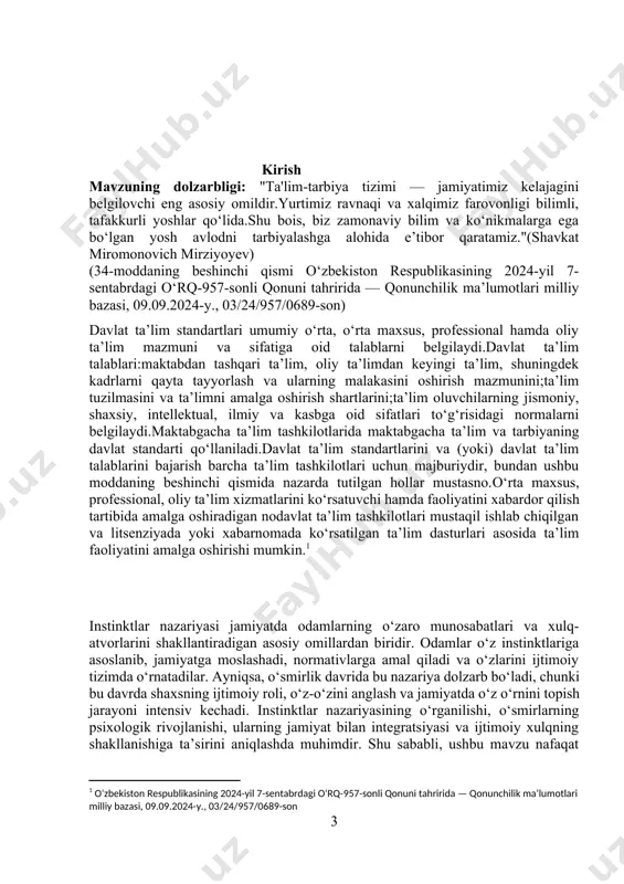 rqali xulqni tushuntiradi, sotsiologik yondashuv esa instinktlarning ijtimoiy xulq va jamiyatdagi o‘zgarishlarga ta’sirini o‘rganadi. ushbu metodologiyalar instinktlarning ijtimoiy xulqni shakllantirishdagi muhim rolini ko‘rsatadi. kurs ishining nazariy ahamiyati: kurs ishining nazariy ahamiyati instinktlarning ijtimoiy xulq shakllanishidagi rolini o‘rganishga yordam beradi, bu esa ijtimoiy va psixologik jarayonlarni chuqurroq tushunishga imkon yaratadi. kurs ishining amaliy ahamiyati: kurs ishining amaliy ahamiyati ijtimoiy xulqning instinktlar nazariyasini tushunish orqali, jamiyat va individning xulqiy rivojlanishiga oid amaliy tavsiyalarni ishlab chiqish imkonini yaratadi. bu ish, shuningdek, pedagogika, psixologiya va sotsiologiya sohalarida o‘quvchilar va mutaxassislar uchun amaliy qo‘llanma sifatida foydalanilishi mumkin. kurs ishining metodlari: kuzatish metodi,so‘rovnoma,suhbat metodlari, trening mashg`uloti:lider va farosat, rubinshteynning “o‘z-o‘zini baholash” diagnostik metodikasi kurs ishining tuzilishi: kirish va ikki bobdan iborat. har bir bob 2 ta rejadan iborat. xulosa va foydalanilgan adabiyotlardan tashkil topgan. i bob ijtimoiy xulqda instinktlar naariyasini ilmiy nazariy tadqiqot asosida yoritilishi. 1.1 ijtimoiy xulqda instinktlar muammosini psixolog tadqiqotlarga ko‘ra yoritilishi. instinktlar insonning …
