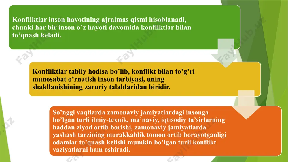 moiy fanlar uchun yopiq mavzu bo‘lib kelgan. garchi turli darajadagi konfliktlarning muayyan turlarini huquqiy fanlar an’anaviy tarzda o‘rgangan bo‘lsalarda (xalqaro huquq - davlatlar o‘rtasidagi konfliktlarni, fuqarolik huquqi – mulkiy nizolarni, jinoyat huquqi – jinoiy vaziyatlarni), konfliktologiya fan sifatida rivojlanmagan. konflikt, nizo yoki ziddiyat – bu ayrim alohida olingan shaxs ongida, yoki shaxslararo muloqot jarayonida, guruh doirasida yoki guruhlararo o’zaro muloqot va ta’sir paytlarida biror muammo, masala yoki qarashlar borasida bir-biriga to’g’ri kelmaydigan, qarama-qarshi fikr, qarash va pozitsiyalarning to’qnashuvi oqibati paydo bo’lgan salbiy hissiyotlarga to’la munosabatlar maromini bildiruvchi ijtimoiy psixologik xodisadir. konfliktlarni keltirib chiqaruvchi omillar 1. informatsion-axborot omillari 2. jamiyat miqyosidagi ayrim tizimlarning faoliyatiga bog’liq omillar: 3. qadriyatlarga aloqador omillar 4. munosabatlar omili: 5. xulq-atvor bilan bog’liq omillar 1. informatsion-axborot omillari: muloqot jarayonida sheriklarga noto’g’ri tarzda yetib keladigan noto’liq, noaniq faktlar, mish-mishlar; shubhalar, to’la aniqlik kiritilmagan ataylab yoki bilmay turib deyarli xufyona tarzda yetkazilayotgan ma’lumotlar; axborot manbaiga nisbatan ishonchning yo’qligi; ayrim …