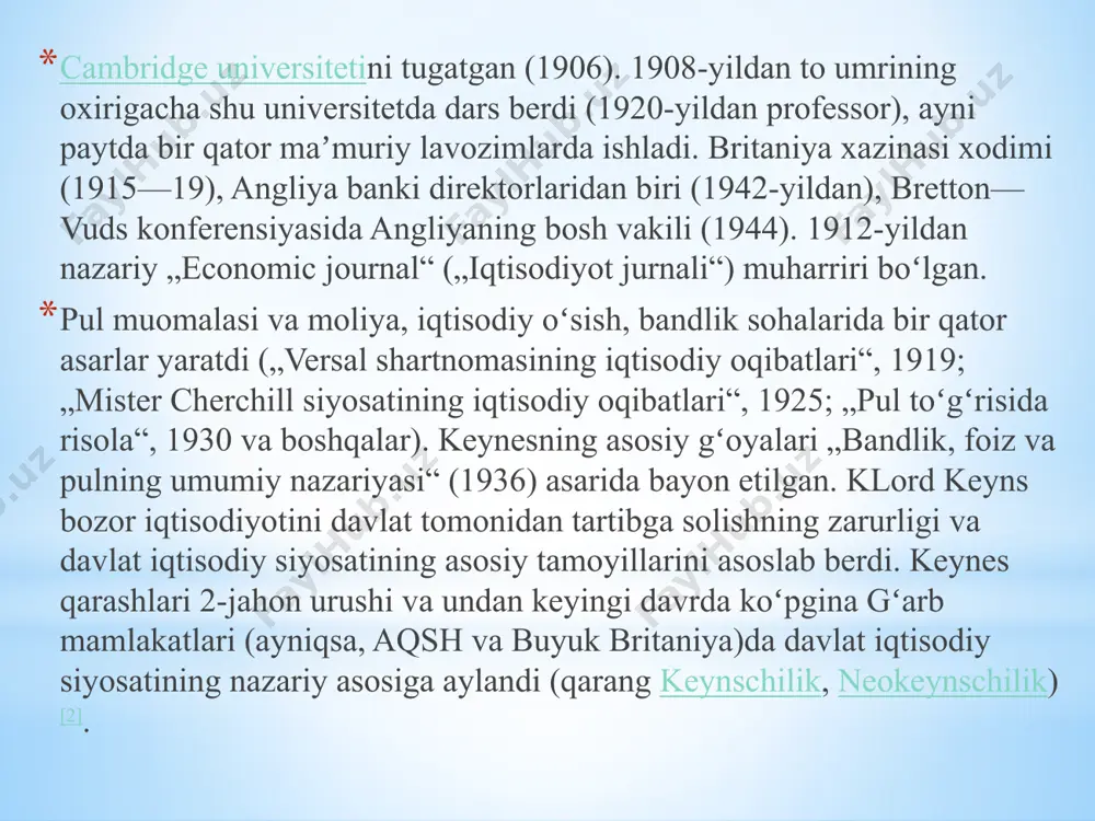 ayli nisbatan ortiqcha ish kuchining bir qismi ishsizlar qatoriga siqib chiqariladi va tizimda yana muvozanat tiklanadi. bunday sharoitda davlat isteʼmol va investitsion tovarlar haridori sifatida iqtisodiyotdagi umumiy talabga taʼsir etishi mumkin. fiskal yoki kredit-pul siyosati, ayniqsa, soliq tizimi orqali umumiy talabni oshirish mumkin. demak, keyns nazariyasiga koʻra, toʻla boʻlmagan bandlik sharoitida ham umumiy muvozanat saqlanishi mumkin. . keyns investitsiyaga katta ahamiyat beradi. uning fikricha, investitsiyalar i.ch. isteʼmolini kengaytirish, izdan chiqqan umummilliy proporsiyalarni tiklash vositasidir. investitsiyalar qiymati bilan milliy daromad oʻrtasidagi miqdoriy bogʻliqlik multiplikator tamoyilini qoʻllash asosida aniqlanadi (qarang multiplikator nazariyasi). shunga koʻra, investitsiyalarning har qanday oʻsishi isteʼmolning katta solishtirma hissasi va oʻsish surʼatlariga qaraganda daromad, bandlik va i.ch. ning koʻproq darajada yanada proporsional oʻsishini taʼminlaydi. shu sababli investitsiyalarda mujassam boʻlgan talab iqtisodiy taraqqiyotni davlat harajatlarini kengaytirish, shuningdek, taqchilli byudjetdan moliyalash yoʻli bilan tartibga solish va ragʻbatlantirishning asosiy obʼyekti tarzida eʼtirof etiladi. . davlat tomonidan iqtisodiy jarayonlarni tartibga solishning samaradorligi investitsiyalar …