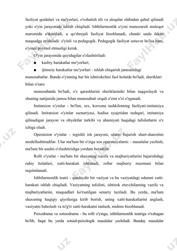 ish; maslahatlar berish. rollar qur'a tashlash yo'li bilan taqsimlanadi. reglamentga, muloqot etikasiga, faollikni namoyish etishga va o'yirmi oxirigacha ishtirok etilishiga alohida e'tibor qaratiladi. o'yinni utkazish bosqichi. bu bosqich - guruh bilan vaziyatni barpo etish ishlari va guruhlararo munozaradan iborat. ishtirokchilarning roliy holatlari, ishbilarmonlar o'yinini shakliga bog'liq va quyidagicha bo'lishi mumkin. 1) guruhdagi ish mazmuniga kо'rа - g'oyalarni yaratuvchi va uzatuvchi ishlab chiquvchi, taqlidchi, tashxischi, zukko, xulosa qiluvchi. 2) ishtirokchilarning tashkiliy vaziyatlariga ko'ra - tashkilotchi, muvofiqlashtiruvchi, yig'uvchi, nazoratchi, murabbiy, boshqaruvchi. 3) yangilikka nisbatan munosabatiga ko'ra - tashabbuskor, ehtiyotkor tanqidchi, yangilikka qarshilik ko'rsatuvchi (konservator). 4) uslubshunoslik holatiga ko'ra - uslubshunos tanqidchi, uslubchi, muammochi, dasturchi. 5) ijtimoiy-psixologik holatiga ko'ra - yetakchi, hurmat qilinuvchi, qabul qilinuvchi, mustaqil, qabul qilinadigan, rad etiluvchi. o'yin jarayonida hech kim o'yinga ta'sir qilish huquqiga ega bo'lmaydi. faqat boshlovchigina, zaruriyat tug'ilganida, o'yin ishtirokchilari harakatlariga tuzatishlar kiritishi mumkin. o'yin natijalarini taxlil etish bosqichi quyidagilarni o'z ichiga oladi: taqrizchilarni chiqishlari, fikrlar almashinuvi, …