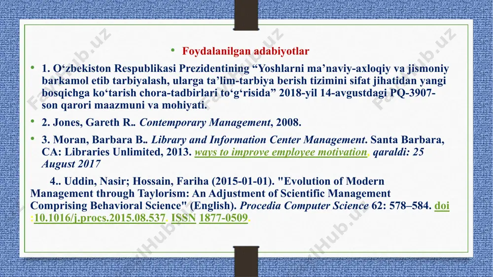 tish haqidagi 831-sonli qarori qabul qilindi. pedagog xodimlarning faoliyatini baholash mezonlari asosida to‘plagan umumiy ballari bo‘yicha ularga quyidagi miqdorlarda ustama haq belgilanadi: 65 — 70 ball to‘plasa — 10 foiz; 71 — 75-ball to‘plasa — 15 foiz; 76 — 80 ball to‘plasa — 20 foiz; 81 — 85 ball to‘plasa — 25 foiz; 86 — 90 ball to‘plasa — 30 foiz; 91 — 95 ball to‘plasa — 35 foiz; 96 — 100 ball to‘plasa — 40 foiz. umumta’lim muassasalari pedagog xodimlarining bazaviy tarif stavkalariga jamg‘arma hisobidan har oylik ustamalar yangi o‘quv yili uchun o‘tgan o‘quv yili yakunlari bo‘yicha belgilanadi. kutubxona xodimlarining faoliyatini baholash mezonlari asosida to‘plangan umumiy ballari bo‘yicha ularga quyidagi miqdorlarda ustama haq belgilanadi: 65 — 75 ball to‘plasa — 10 foiz; 76 — 85-ball to‘plasa — 15 foiz; 86 — 100 ball to‘plasa — 20 foiz; umumta’lim muassasalari kutubxona xodimlarining bazaviy tarif stavkalariga jamg‘arma hisobidan har oylik ustamalar …