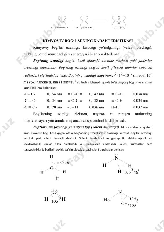 utblanishiga aytiladi. bunday qutblanish natijasida bog‘da yoki molekulada dipol momenti vujudga keladi (((). bu dipol momentining miqdori elektr maydonining uchlanganligiga va molekula strukturasiga bog‘liq bo‘lgan qutblanuvchanlik koeffitsiyentiga bog‘liq: бунда, е-майдон кучланганлиги; ( - қутбланувчанлик коэффициенти qutblanuvchanlik koeffitsiyenti moddaning sindirish ko‘rsatkichi bilan quyidagicha bog‘langan: бунда, n–модданинг синдириш кўрсатгичи; n – авагадро сони; м – модда молекуляр массаси; d – модда зичлиги `moddaning qutblanuvchanlik koeffitsiyenti uning molekulyar refraksiyasi bilan proporsional bo‘lib, quyidagicha bog‘langan: чунки bog‘ning qutblanuvchanligi bog‘dagi elektron zichlik yoki bog‘ni hosil qiluvchi atomning elektron qavatlari qancha ko‘p bo‘lsa, shunchalik katta bo‘ladi. bog‘ning qutblanuvchanligi bog‘ni hosil qiluvchi element atomining davriy sistemadagi o‘rniga qarab davrlarda o‘ngdan chapga, gruppalarda esa yuqoridan pastga qarab, hamda bog‘ning karraligi ortib borishi bilan ortadi. (-bog‘larning qutblanuvchanligiga nisbatan (-bog‘larning qutblanuvchanligi kattadir. molekulyar refraksiya additiv xossaga ega bo‘lganligi uchun ko‘pgina moddalarning refraksiyalari undagi atomlar refraksiyalarining yig‘indisi shaklida hisoblab chiqarish va tajribada topilgan refraksiya bilan taqqoslash mumkin. bog‘ning energiyasi. bog‘ning energiyasi …