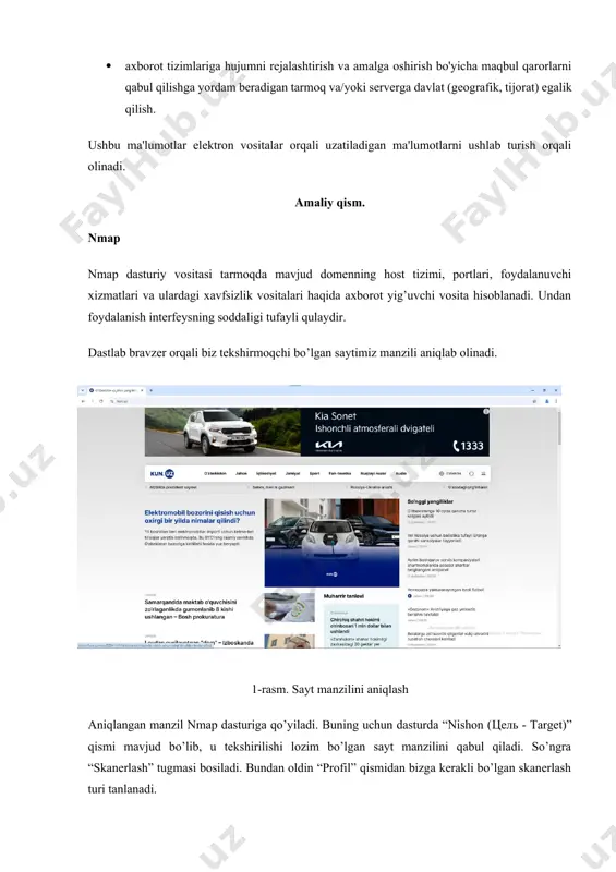 orat) egalik qilish. ushbu ma'lumotlar elektron vositalar orqali uzatiladigan ma'lumotlarni ushlab turish orqali olinadi. amaliy qism. nmap nmap dasturiy vositasi tarmoqda mavjud domenning host tizimi, portlari, foydalanuvchi xizmatlari va ulardagi xavfsizlik vositalari haqida axborot yig’uvchi vosita hisoblanadi. undan foydalanish interfeysning soddaligi tufayli qulaydir. dastlab bravzer orqali biz tekshirmoqchi bo’lgan saytimiz manzili aniqlab olinadi. 1-rasm. sayt manzilini aniqlash aniqlangan manzil nmap dasturiga qo’yiladi. buning uchun dasturda “nishon (цель - target)” qismi mavjud bo’lib, u tekshirilishi lozim bo’lgan sayt manzilini qabul qiladi. so’ngra “skanerlash” tugmasi bosiladi. bundan oldin “profil” qismidan bizga kerakli bo’lgan skanerlash turi tanlanadi. “skanerlash” tugmasi bosilganidan so’ng, dastur biz kiritgan manzilni tekshirish boshlaydi. tekshirish “nmap done” xabari chiqmagunigacha davom etadi. 3-rasm. skanerlash jarayoni dasturning asosiy oynasida skanerlash jarayoni tugaguniga qadar barcha xabarlar ketma-ketligi berib boriladi. 4-rasm. skanerlash yakunlangan holati dasturning “portlar (ports - порты)” bo’limida biz skanerlagan sayt o’rnatilgan hostdagi ochiq yoki firewall yordamida bloklangan portlar ro’yhati, ulardan foydalanuvchi …