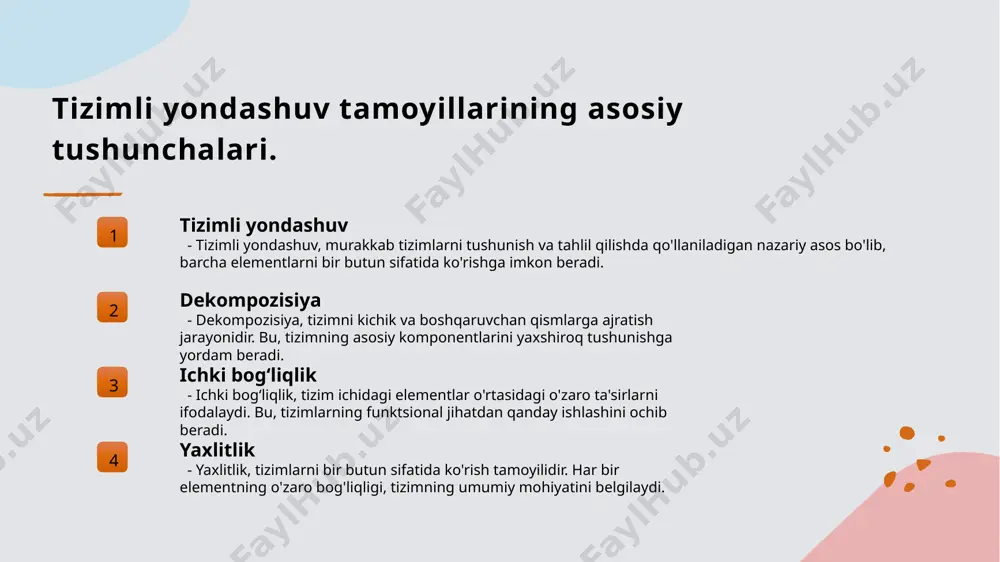 uqurroq tushunishga yordam beradi. 2 misollar orqali tushunish misol sifatida, ekosistemada o'simliklar va hayvonlar o'rtasidagi o'zaro ta'sirlarni ajratish orqali, tizimning qanday ishlashini aniqlash mumkin. 3 amaliyotdagi ahamiyati dekompozisiya amaliyotda muammolarni yechishda, masalan, muhandislikda yoki tibbiyotda, tizimning har bir elementini alohida ko'rib chiqishga imkon beradi. 4 tizimlar o'rtasidagi bog'lanish tizimlar o'rtasidagi bog'lanish dekompozisiya jarayonida yuzaga keladi. bu, har bir qismining bir-biriga ta'sirini tushunishga yordam beradi. ichki bog‘liqlik: tizimli yondashuvda elementlar o‘rtasidagi munosabatlar. 1 tizim elementlari tizimli yondashuvda tizim elementlari o'zaro bog'langan bo'lib, ularning har biri boshqa elementlarning faoliyatiga ta'sir qiladi va muhim rol o'ynaydi. 2 munosabatlar tahlili ichki bog'liqlikni tushunish uchun elementlar o'rtasidagi munosabatlarni tahlil qilish zarur. bu jarayon tizimning dinamikasini va o'zgarishlarini aniqlashga yordam beradi. 3 interdiscipliner ahamiyat tizimli yondashuv ichki bog'liqlikni o'rganish orqali turli fanlar o'rtasidagi o'zaro aloqalarni yaxshilashga, yangi nazariyalar va amaliyotlarni rivojlantirishga imkon beradi. yaxlitlik tamoyili: tizimlarni bir butun sifatida tushunish. 1 yaxlitlik tushunchasi - yaxlitlik tamoyili, …