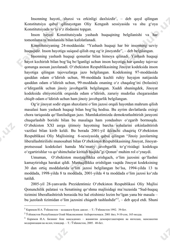 rkinliklar xalqaro hujjatlar bilan ham himoya qilinadi. o‘zbekiston respublikasi konstitutsiyasini ishlab chiqishda va qabul qilishda fuqarolarning shaxsiy huquqlari belgilangan xalqaro hujjatlar, jumladan, inson huquqlari umumjahon deklaratsiyasi qoidalariga amal qilindi. natijada, birinchi marta, konstitutsiyada yashash huquqi qayd qilinib, bu huquqni ta’minlashni davlat o‘z zimmasiga oldi. shaxsiy huquq va erkinliklar, boshqa huquqlardan farq qilib, ularni cheklash mumkin emas. alohida hollarda cheklash zarurati bo‘lsa, bu konstitutsiya asosida, unda ko‘rsatilgan tartibda amalga oshiriladi. ya’ni ba’zi hollarda cheklash qonunga asosan amalga oshirilishi belgilangan. lekin shunday huquqlar borki, ularni aslo cheklash, ulardan mahrum qilish mumkin emas. masalan, yashash huquqi. shaxsiy huquqlardan barcha shaxslar, fuqaroligidan qat’i nazar foydalanadi va davlat ham barchaga, fuqaroligidan qat’i nazar, shaxsiy huquq va erkinliklardan foydalanishga imkon yaratadi. konstitutsiyaga asosan shaxsiy huquq va erkinliklar bilan bog‘liq insonning hayoti, erkinligi, sha’ni, qadr-qimmati va boshqa daxlsiz huquqlari oliy qadriyat hisoblanishi ham bu huquqlarning huquq va erkinliklar tizimida ustuvor hisoblanishiga olib keladi. yashash huquqi. erkinlik va …