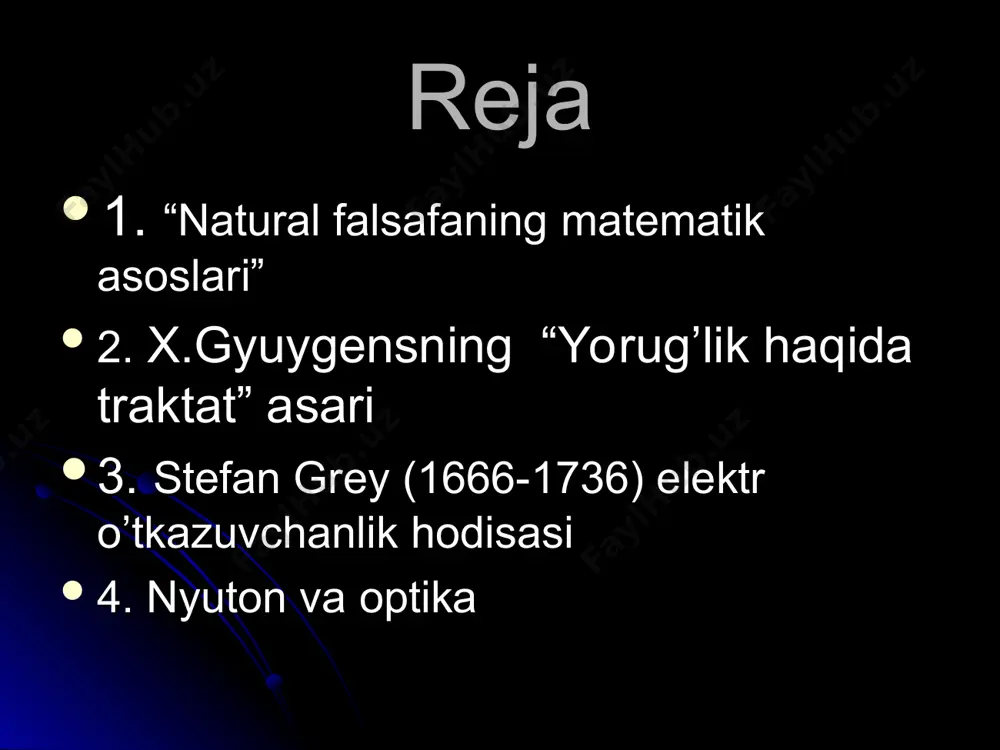 ni bayon qiladi. 1679 yildan boshlab u osmon mexanikasi masalalari bilan, shu jumladan, tortishish masalalari bilan sistemali ravishda shug’ullanadi. tortishish to’g’risidagi fikr nyutonda 1666 yili daraxtdan olmani tushuvini kuzatish paytida paydo bo’lgan deyishadi mexanikaning xix asr birinchi yarmida rivojlanishi. fizika texnika bilan xam chambarchas bog`langan. fizika va texnikaning bog`lanishi quyidagi ikki tomonlama namoyon bo`ladi: fizika-odamlar turmushining ehtiyoji sifatida vujudga keladi. qadimda, mexanikaning rivojlanishiga qurilish va harbiy extiyojlar turtki bo`lgan. shuningdek rus injeri i.polzunov (1728-1766) tomonidan uzluksiz ishlovchi bug` mashinasining loyiha kilinishi, ingliz ixtirochisi d.uatt tomonidan (1736-1819) universal bug` dvigatelining yasalishi, bug` mashinalari foydali ish koeffitsientini oshirish yo`llarini izlashni taqozo etgan. natijada termodinamika jadal suratda rivojlangan. fizikaning rivojlanishi ishlab chiqarishning texnikaviy darajasiga tasir ko`rsatadi. fizikada kashfiyotlar amalga oshirilgandan so`ng, ularni ishlab chiqarishga tadbiq etish bilan shug`ullanuvchi mutaxassislar maydonga chiqishadi va fizika bilan chambarchas bog`langan yangi fanlar vujudga keladi. d. bernullining “gidrodinamika” asari 1738 - yilda d. bernullining “gidrodinamika” asari nashr etildi. …