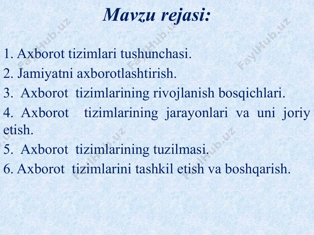 . sun'iy tizimlar texnik xato yoki inson aralashuvisiz ishdan chiqishi mumkin. misol: tabiiy tizim: inson qoni aylanish tizimi (avtonom ishlaydi). sun'iy tizim: onlayn bank tizimi (dasturchilar tomonidan boshqariladi). diqqatga sazovor jihat: ba’zi tizimlar aralash bo‘lishi mumkin. masalan, agroekotizim – tabiiy o‘simliklar + fermer tomonidan boshqariladigan sug‘orish tizimi. axborot tizimlari tushunchasi axborot texnologiyasi — axborotni to’plash, saqlash, izlash, unga ishlov berish va uni tarqatish uchun foydalaniladigan jami uslublar, qurilmalar, usullar va jarayonlar. axborot tizimi — axborotni to’plash, saqlash, izlash, unga ishlov berish hamda undan foydalanish imkonini beradigan, tashkiliy jihatdan tartibga solingan jami axborot resurslari, axborot texnologiyalari va aloqa vositalari. axborot tizimlari korxona yoki tashkilot faoliyatini samarali boshqarish, qaror qabul qilish va strategik rejalashtirishda yordam beradi. axborot tizimi tushunchasi axborot tizimi – ma’lumotlarni yig‘ish, saqlash, qayta ishlash, tahlil qilish va tarqatish uchun mo‘ljallangan tizimdir. u odamlar, texnologiya va tashkilotlar o‘rtasidagi axborot almashinuvini ta’minlaydi. axborot tizimining asosiy komponentlari: kirish (input) – ma’lumotlarni kiritish …