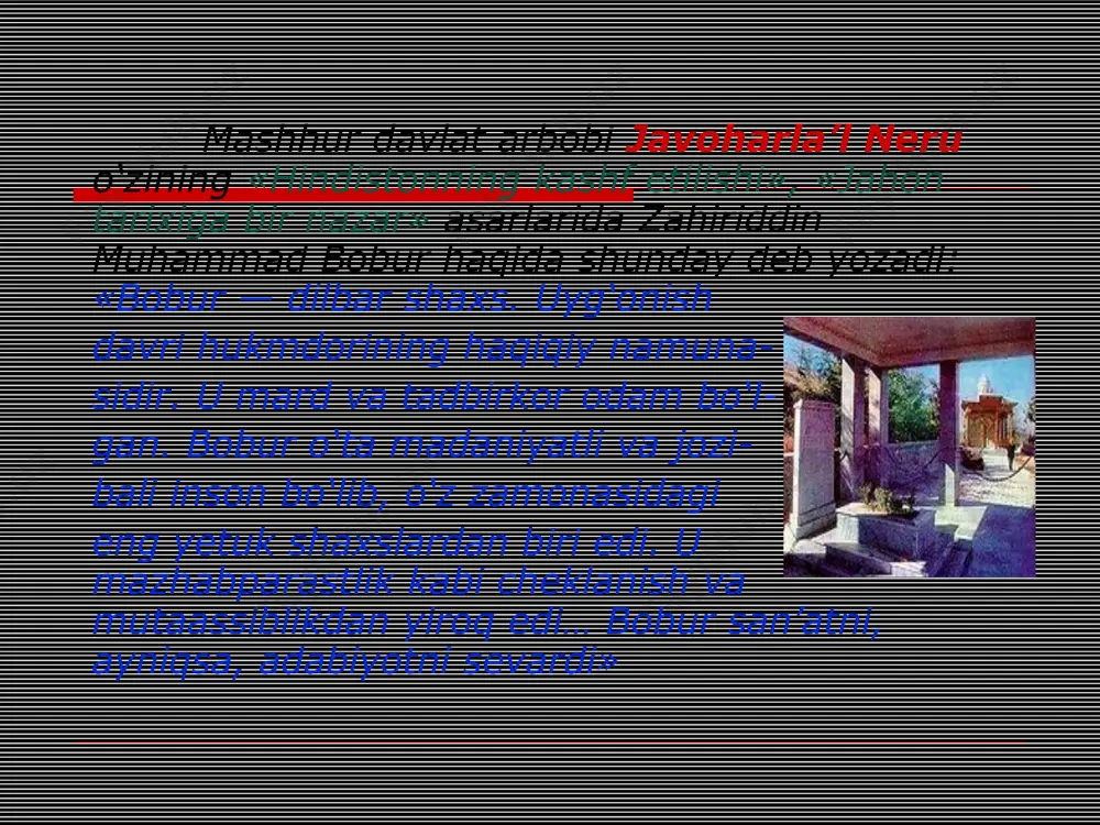 o’lsa, ikkinchi tomondan, shoirning hayot hodisa-voqealaridan olgan taassurotlari: muvaffaqiyatlar shodiyonasi, muvaffaqiyatsizlik tufayli zamon va uning jafokorligidan nolish; o’zi tug’ilgan vatandan uzoqlashgani tufayli vatan va vatandoshlarini qo’msash, o’rni bilan pand-nasihat berish kabi mavzulardan iborat. masalan, oshiqona mavzudagi quyidagi g’azalda yor - mahbubaning yog’lig’i-boshga o’raydigan ro’molchasi tasvirlangan. bu tasvir shunchalik go’zalki, uni o’qigan kishi shoirning yog’liq-rumolcha bahonasida yoriga bo’lgan samimiy muhabbatini anglay oladi. g’azalning matla’ va maqta’i quyidagichadir: * matla’: yog’lig’ingkim, jon bila men xastadurmen zor anga, xasta jonlar rishtasidindur, magar har tor anga… maqta’: ko’nglum istar yog’lig’ingni, balki andin bir nasim, yetsa boburga erur jon birla minnatdor anga. mazkur g’azalda an’anaviy tasvirlar yangicha talqin qilinadi,ya’ni ma’shuqa go’zalligi tasviri uning yog’lig’i – ro’molchasi orqali amalga oshadi. buning natijasida bobur xossa tasvirni, ya’ni yangi poetik timsolni (yog’lig’ni) yaratadi. * g’azalda yog’lig’-ro’molcha tasviri yetakchi bo’lganidan unda gullar, binafshalar ko’rinadi; qizil va binafsha rang jilolari ko’zlarni qamashtiradi; ularning muattar hidi anqib turadi. g’azal o’qilar ekan, …