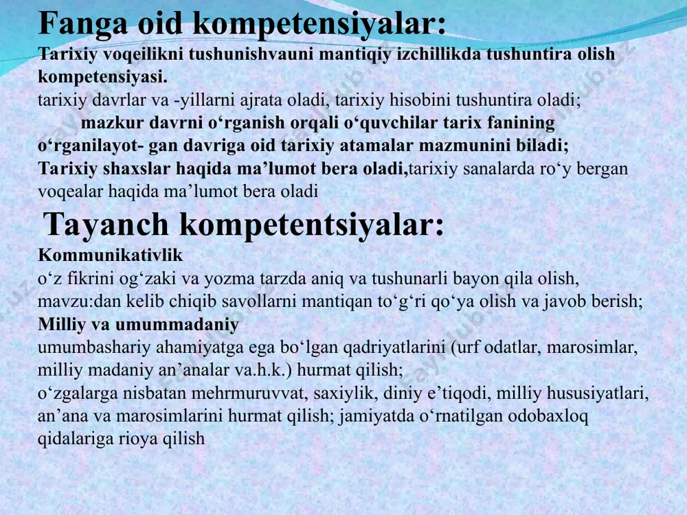 dir. jadidlar yoshlarni chet ellarga o’qishga yuborish tashabbusi bilan chiqdilar. boy tabaqaning ilg'or vakillari jadidlarning bu harakatini ma'qullab tegishli mablag' bilan komaklashdilar. ko’pgina umidli yoshlar germaniya, misr, turkiya va rossiyaning markaziy shaharlariga o’qishga yuborildi. 1910 yili buxoroda mudarris hoji rafiy va boshqalar "bolalar tarbiyasi" xayriya jamiyatini tashkil etib, 1911 yilda 15 ta, 1912 yilda 30 ta talabani turkiyaga o’qishga jo’natdi jadidlarning xalqparvarligi jadidlar etiqodli, izchil va chinakam musulmonlar bo’lib, hech mahal turkistonda islom dini arkonlarini taftish qilishni istamaganlar. jadidlar islomni bar xil soxtaliklardan tozalab, xaqiqiy dinni qaror toptirish va dunyoviy bilimlami egallash yo’li bilan jamiyatda uning ta'sirini mustahkamlashga erishmoqchi edilar. jadidlarga mutaassib ruxoniylar qarshilik ko’rsatdilar. ular jadidlarni padarkushlar, maktablari haqida esa «bu xil maktabda o’quvchi-talabalar birinchi yili gazeta o’qiy boshlaydi, ikkinchi yili ozodlikni talab qilishadi, uchinchi yili esa janobi oliylarni taxtdan ag'darib turmaga tiqib qo’yishadi», -der edilar. “oyna gazetasining 1-soni. milliy g'oya va milliy mafkura jadidlar boy tarixiy merosida milliy …
