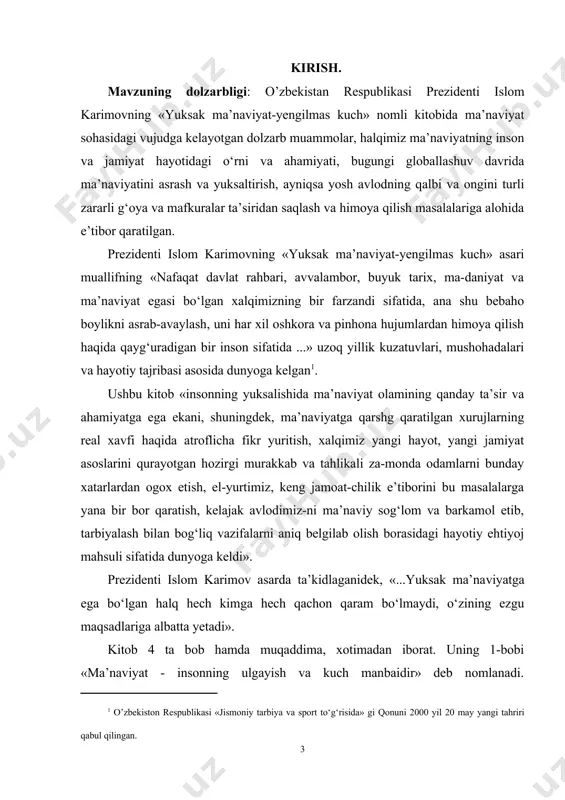 y demokratik davlatning shakllanayotganligi fuqarolik jamiyatining qaror topayotganligi ma’naviyatga nisbatan talabning ortib borayotganligini ta’minlaydi. chunki, ma’naviyat - insonni ruhan poklanish, qalban ulg‘ayishga chorlaydigan, odamlarning ichki dunyosi, irodasini baquvvat, iymon-e’tiqodini butun qiladigan, vijdonini uyg‘otadigan beqiyos kuch, uning barcha qarashlarining mezonidir. chunki, prezidentimiz aytganlaridek masalaning ilmiy nazariy asoslarini, ularning yangi-yangi qirralarini mukammal ochib berish, o‘quvchilarimizga, talabalarimizga, keng jamoatchilikka sodda, lo‘nda qilib tushuntirib berish va ularni yangi hayot, zamon talablariga javob beradigan jamiyat kurilishining faol va jo‘shqin ishtirokchilariga aylantirish mamlakatni nafaqat iqtisodiy-siyosiy tomondan qudratli balki ma’naviy jihatdan barkamol darajaga chiqarish muhim omili hisoblanadi. har qanday millatning ijtimoiy qiyofasi, mentaliteti uning ma’naviy madaniyatida namoyon bo‘ladi. shu bilan birga har bir millat, elat, xalq va boshqa ijtimoiy birliklarni umuminsoniyat sivilizatsiyalari tarixining natijalari sifatida olib qaraydigan bo‘lsak, milliylik va umuminsoniylik, ma’lum ma’noda, shartli ekanligini ko‘ramiz. ayniqsa, hozirgi davrning globallashishi, integratsiyalashish, universallashish jarayonlari inson ma’naviy madaniyati yangi sifat darajasiga ko‘tarilganligini ko‘rsatmoqda va ma’naviyatdagi individuallik (milliylik) hamda ijtimoiylik …