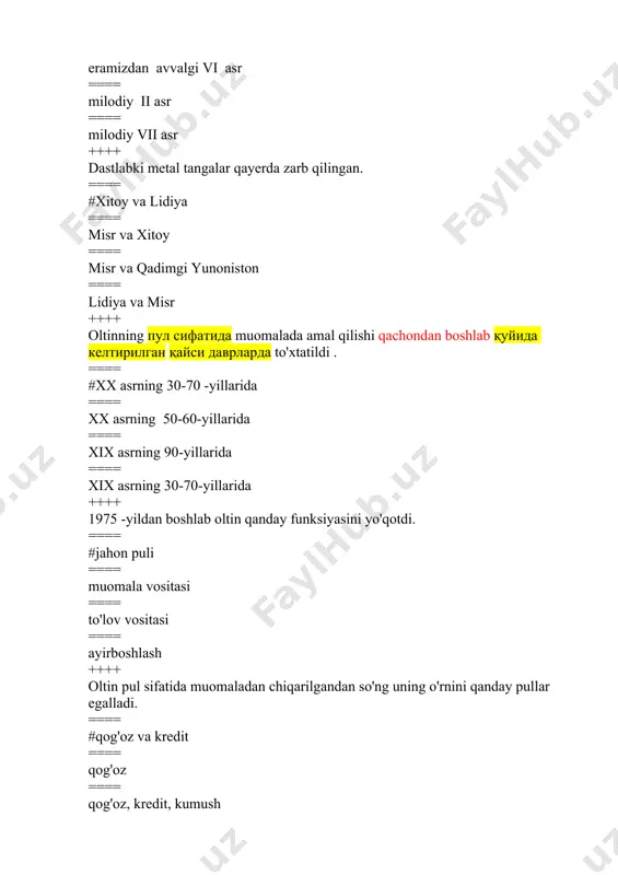 ++ pulning metallik nazariyasi qanday tuzumda vujudga kelgan? ==== #natural - feodal tuzumida ==== quldorchilik tuzumida ==== kapitalistik tuzumida ==== sotsialistik tuzumda ++++ pulning nominal nazariyasi qanday davrlarda vujudga kelgan? ==== #xvii - xviii asrlarda ==== xvi - xvii asrlarda ==== xiv - xv asrlarda ==== xv - xvi asrlarda ++++ pulning nominal nazariyasi davrini shakllanishiga qanday omillar ta'sir qilgan? ==== #muomalaga тўла қийматли бўлмаган haqiqiy bo‘lmagan metall pullar kiritilganda ==== muomalaga qog‘oz pullar kiritilganda ==== muomalaga kumush va oltin tangalar kiritilganda ==== muomalaga banknotalar va monetalar kiritilganda ++++ nominal pul nazariyasi tarafdorlarining фикрининг асосида нима ётади? kamchiligi nimada? ==== #pulning qiymatini davlat belgilashini e'tirof etishida ==== oltinni haqiqiy qiymat sifatida e'tirof etishida ==== kumushni to‘lov vositasi sifatida e'tirof etmaydi ==== qog‘oz pullar qiymati talab va taklif asosida belgilashini e'tirof etishida ++++ bozor iqtisodiyoti sharoitida pulning sotib olish qobiliyati: ==== #- talab va taklif asosida belgilanadi; ==== - tovar va …