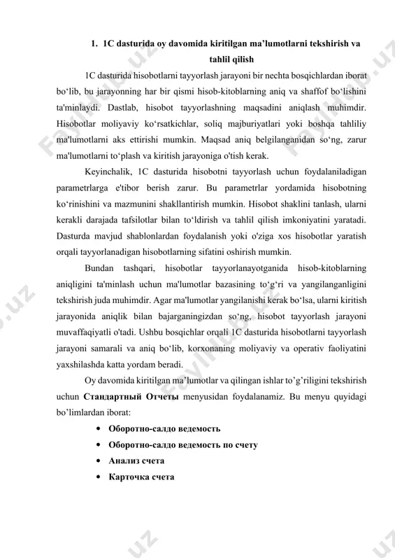 hisobotlarni tayyorlash buxgalteriya balansi hisobotini tayyorlash: ro’yxatdan бухгалтерский баланс (форма №1) bandi tanlanadi, bunda quyidagi oyna ochiladi, undan kerakli davr tanlanib, ok tugmasi bosiladi. quyidagi oyna ochilgandan so’ng заполнить → ok tugmasi bosiladi shundan so’ng buxgalteriya balansi hisoboti tayyor bo’ladi. qolgan moliyaviy soliq hisobotlari ham xuddi shu tartibda tayyorlanadi: 3. tayyorlangan hisobotlarni chiqarib olish 1c dasturida hisobotni chiqarib olish – tayyorlangan hisobotni dasturdan tashqarida foydalanish yoki saqlash uchun eksport qilish jarayonidir. bu jarayon turli usullarda amalga oshirilishi mumkin: chop etish (print) agar hisobot qog‘ozga chop etilishi kerak bo‘lsa, 1c dasturidan to‘g‘ridan-to‘g‘ri printerga yuborish mumkin. bu usul hisobotni rasmiy hujjat sifatida qog‘ozda saqlash yoki taqdim etish uchun qulaydir. elektron formatlarga eksport qilish pdf formatida: pdf formati rasmiy va ko‘rinishini saqlab qoluvchi format hisoblanadi. bu formatda hisobotni saqlab, elektron pochta yoki boshqa elektron platformalar orqali jo‘natish qulay. excel (xls, xlsx) formatida: excel formatiga eksport qilish hisob-kitoblar, tahlillar yoki hisobotni boshqa dasturlarda qayta …