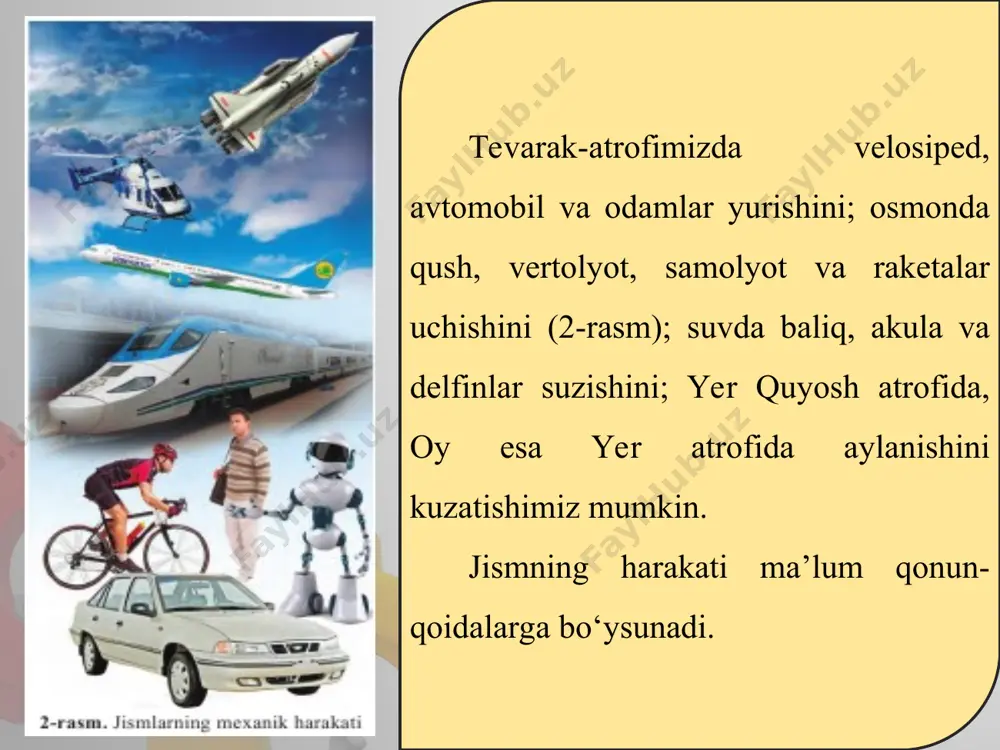 a nisbatan olinadi. bu holda yer – sanoq jism hisoblanadi. atrofi mizdagi barcha jismlarning tinchlik holati yoki mexanik harakati ana shunday sanoq jismlarga nisbatan qaraladi. agar yerning quyosh atrofi dagi harakati qaralayotgan bo‘lsa, quyosh sanoq jism bo‘ladi. jismning harakati yoki tinch holati qaysi jismga nisbatan kuz atilayot gan bo‘lsa, o‘sha jism sanoq jism deb ataladi. 3-rasmda yerga nisbatan 10 m/s tezlik bilan ketayotgan platforma ustida shu yo‘nalishda 1 m/s tez lik bilan ketayotgan odam tasvirlangan. bu odamning harakati uchun platforma sanoq jism deb olinsa, uning tezligi 1 m/s bo‘ladi. agar sanoq jism sifatida yer tanlab olinsa, odamning tezligi 11 m/s bo‘ladi (10 m/s + 1 m/s = 11 m/s). yo‘lda ketayotgan avtomobil, poyezd va bosh qa larning harakatida sanoq jism sifatida yer shari o‘rniga uning sirtida qo‘zg‘almas holatda joylashgan bino, daraxt kabilarni olish mumkin. masalan, avtomobilning harakati yo‘l yoqasidagi daraxtga nisbatan ku zatilayotgan bo‘lsa, ayni paytda shu daraxt sanoq jism …