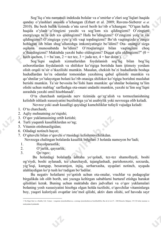 yada olib borish; 4.sinf xonalarini tanaffus paytida shamollatish; 5.o‘quvchi faoliyatini turli vazifalarga jalb qilish, o‘quv texnika vositalarini keng qo‘llash, ammo o‘quv texnika vositalaridan, televizordan, programmalashtirilgan ovoz yozish apparatlaridan, diafil’mlardan foydalanishning o‘zi asosiy gigiyena koidalariga qat’iy rioya qilishni talab qiladi. 6.dars materialini tushuntirishda ko‘rgazma quro’llardan (rasmlar namoyshi qilish, tajribalar ko‘rsatish) didaktiv o‘quv vositalardan maksimal foydalanish. 7. dars oralig‘ida fizkulminutlar o‘tkazish. o‘qituvchining pedogogik mahorati, uning yangi materialni tushuntirish paytidagi ko‘tarinki kayfiyati, o‘qituvchining har-xil ohangda so‘zlashish. o‘qituvchi bir-xil ohangda so‘zlagan nutqi o‘quvchini zeriktirib, mudratib qo‘yadi, bunday payda o‘quvchi tomonidan dars materialini o‘zlashtirish qiyinlashadi, bosh miya yarim shartlari po‘stlog‘ida tarqoq tormozlanish jarayoni paydo bo‘lib, uyqu bosadi. gigiyenistlar o‘quvchilarning darsda toliqish sabablarini o‘rganib chiqib, qiziqarli ma’lumotlarni keltirdilar. ular aniqlashicha, yuqori sinf o‘quvchilarining charchashiga asosiy sabab ko‘pincha ularning darsga qiziqmasliklari, o‘qishning og‘irligi, mashg‘ulot bajarishga layoqatsizlik, darsni zerikarli o‘tilishi, dars materialini tushunmaslik, mikromuhitning salbiy ta’siridir. agarda charchash holati o‘z vaqtida dam olish bilan almashtirilmasa u o‘ta charchash …