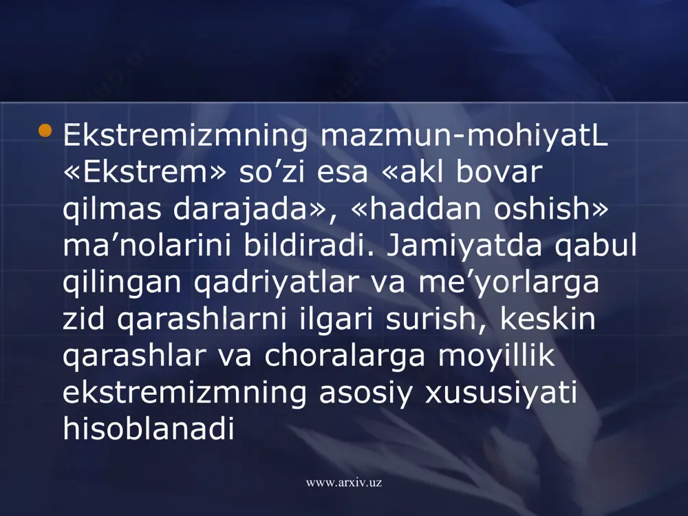 m uchun ijtimoiy muhit vazifasini ham bajaradi. www.arxiv.uz www.arxiv.uz ekstremistik va terroristik tashkilotlarga yangi a’zolaming qo’shilishi, ko’pincha, dinga kiritish, qabul qilishdek shaklu shamoyil kasb etadi hamda bir qancha tanlov va sinov bosqichlarini o’z ichiga oladi. ekstremistik harakatlaming eng quyi tabaqasi ko’pincha siyosiy tusga ega bo’lmagan, mayda zo’rlik va jinoyatlar sodir etadigan unsurlar bilan bog’liq bo’ladi. bunday zo’rlikning siyosiylashtirilishi .terrorizm tomon qo’yilgan birinehi qadam bo’ladi. o’z doirasiga yangijcimsalami tortar ekan,.terrorchilik guruhi yoki uning rahbariyatiga so’zsiz bo’ysunishni, mutaassibona sadoqatni talab qiladi. keyinroq esa yollanuvchilar«hamma narsani biluvchi» va ularga yo’lboshchilik qiluvchi sarbonga duch keladilar. www.arxiv.uz www.arxiv.uz www.arxiv.uz www.arxiv.uz hozirgi davrda eng awalo axborot chegaralarining barham topishida o’zligini namoyon qilayotgan globallashuv sharoitida va bir paytlar xalqaro munosabatlar mazmunini belgilagan ikki qarama-qarshi kuch - sotsializm va kapitalizm o’rtasidagi o’zaro kurashning barham topishi natijasida ekstremizm va terrorizm mamlakatlar, mintaqalar va umuman dunyo xavfsizligiga asosiy taxdid sifatida birinehi o’ringa chiqdi. qo’poruvchilik faoliyatining turli ko’rinishlarini o’z ichiga olgan …