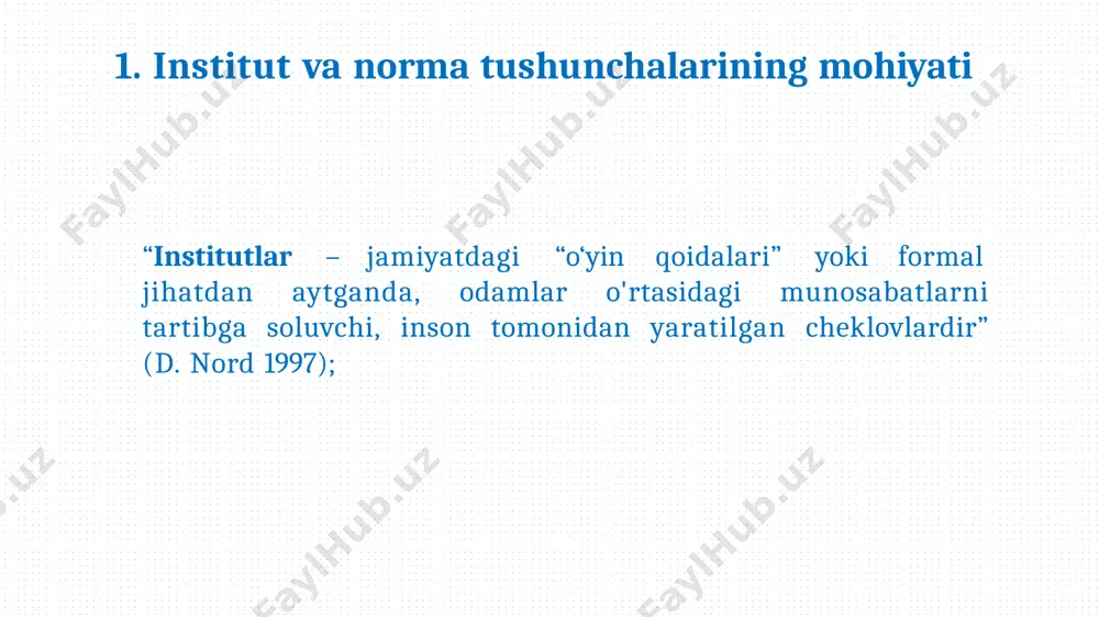 individlar kundalik xayot tarzida o‘zlari bilmagan xolda foydalanadigan asosiy ijtimoiy majburiyatlar hisoblanadi. 2. rasmiy va norasmiy normalar va ularning shakllanishi duglas nort asoschilaridan biri normalarni uchta asosiy qismga institutsionalizm institutlar tarkibida ajratadi: rasmiy normalar norasmiy normalar qoidalarga amal qilinishini ta’minlovchi normalar normalarning vazifalari: hatti-harakatlarni tutish kerakligini tartib – intizomni saqlash vazifasi; o‘zaro hamkorliklar tizimida majburiy bajarilishini talab etadi (shartnomaviy talablar); shaxslarni turli vaziyatlarda o‘zini qanday belgilaydi; shaxslarning hatti-harakatlaridagi ijtimoiy, iqtisodiy va yuridik sanksiyaga tayanuvchi muntazamlik hamda muqarrarlikni aks ettiradi. 3. institutsional matritsa institutsional matritsa – bu ijtimoiy hayotning asosiy sohalarini: iqtisodiyot, siyosat va ijtimoiy sohasini tartibga soluvchi asosiy institutlarning barqaror tizimi. jamiyatning institutsional matritsasi institutlar siyosiy qism (soha) iqtisodiy qism (soha) ijtimoiy qism (soha) iqtisodiy institutlar institutlarning funktsiyalari rejali iqtisodiyot matritsasi (dispotiya) - х bozor iqtisodiyoti matritsasi - y mulkchilik oliy mulkchilik xususiy mulkchilik tovar aylanishi qayta taqsimlash ayirboshlash iqtisodiy agentlar munosabati hamkorlik raqobat mehnat tizimi rasmiy mehnat yollanma mehnat …