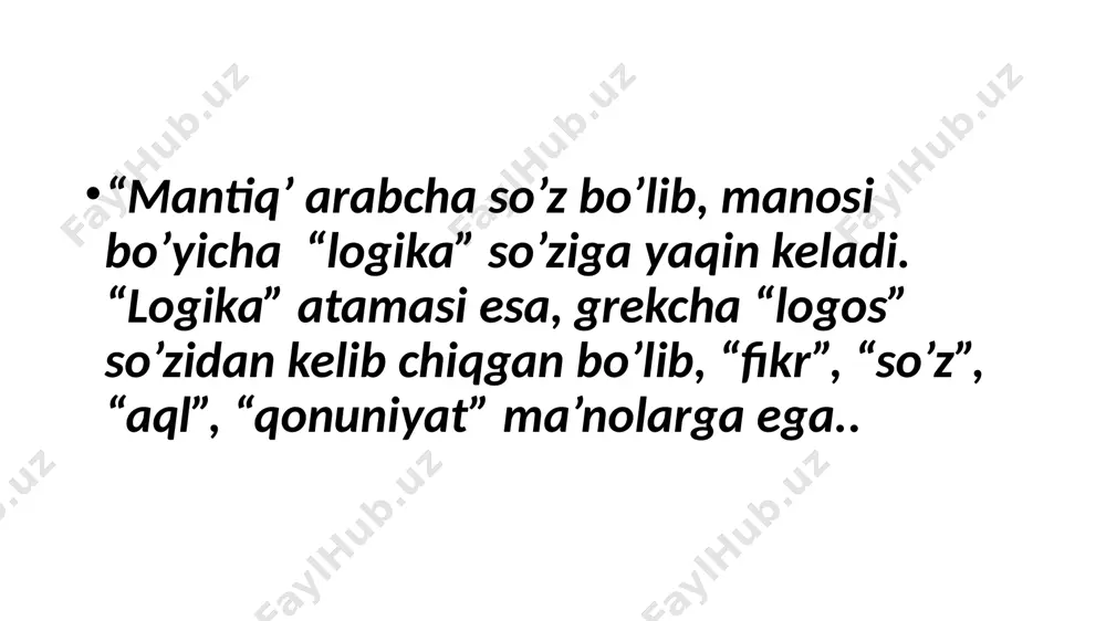 zirgi zamon matematikasining muhim yo’nalishlaridan biri bo’lib, tafakkurni mantiqiy hisoblash deb ataladigan yuqori darajada formallashgan sistemada tahlil qilinadi. jamiyat falsafasi jamiyat nima????? jamiyat – tabiatning bir qismi,ya`ni ijtimoiy borliq bo`lib, odamlar uyushmasining maxsus shakli, kishilar o`rtasida amal qiladigan ko`plab munosabatlar yi`gindisidir jamiayat- muttasil ravishda rivojlanuvchi, takomillashib boruvchi murakkab tizimdir.har bir yangi davrda jamiyat mohiyatini bilish zarurati vujudga keladi. milliy mustaqillik tufayli jamiyat mohiyatini yangicha idrok etish ehtiyoi paydo bo`ldi. jamiyat-moddiy va ma`naviy omillardan iborat jamiyatning tub mohiyati –inson mohiyati bilan uzviy bog`liq. xuddi inson tanasini uning ruhidan ajratib bo`lmagani singari jamiyatning moddiy va ma`naviy jihatlarini ham ajratish,yoki bir-biridan ustun qo`yish mantiqqa zid. zero, kishilar iqtisodiy jihatdan qashshoq bo`lgani uchun ilmsiz bo`lmaydi, balki aksincha- ilmsiz bo`lgani uchun qashshoq bo`lishi mumkin. shuning uchun yurtimizda xalq m`naviyatini yuksaltirish orqali iqtisodiy farovonlikni ta`minlashga katta e`tibor berilyapti. inson- falsafiy antropologiya. inson muammosi – falsafaning azaliy muammolaridan biridir. odam zotining dunyoga kelishi, boshqa jonzotlardan farqi, tabiat …