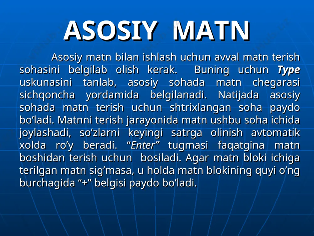 ni kuzatish, yozib borish. ma’ruzani ko’rsatish va qo’llash guruhli 30 d bosqichlar ta’lim beruvchining faoliyati ta’lim oluvchining faoliyati metod shakl vaqt mustahkamlash o’quvchilarning adobe photoshop dasturida matn kiritish, unga ishlov berish bo’yicha vazifalar beriladi. o’quvchilar baholanadi. o’zlariga berilgan vazifalarni bajarish, tushunmovchiliklar bo’lsa o’qituvchiga murojaat etish. uslubiy yordam ko’rsatish individual 30 d yakuniy qism darsda baholangan o’quvchilar e’lon qilinadi. uyga vazifa beriladi. tinglaydi va kerakli ma’lumotlarni o’zlarida qayd qilsh. ma’ruza guruhli 5 d tamom ushbu multimedia dars ishlanmasi ma’qul keladi degan umiddamiz. e’tiboringiz uchun rahmat! mualliflar guruhi