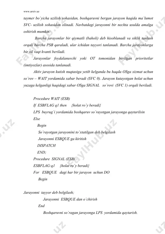 y protsessor start i/o (sio) buyrug`ini bajaradi. bu buyruqda kanal nomeri va kanal programmasining boshlang`ich adresi beriladi. keyinchalik kanal markaziy protsessor ishtirokisiz o`qish-yozish jarayonini amalga oshiradi va bu vaqtda markaziy protsessor boshqa hisoblash ishlarini amalga oshirishi mumkin. bir vaqtni o`zida bir nechta kanal ishlashi mumkin. os o`qish-yozish jarayoniga bir necha hollarda jalb qilinishi mumkin. tizim foydalanuvchi programmasi tomonidan o`qish-yozishga talabni qabul qilishi va bu amalni qachon bajarilishi haqida xabar berishi kerak. ikkinchidan, os yozish kanallarini boshqarish va ular hosil qiluvchi uzilishlarni bajarishi kerak. foydalanuvchi programmasi (qv/so`m) da o`qish-yozish amalini bajarish uchun svc 2 buyrug`ini beradi. buyruq parametrlari sifatida kanal nomerini, kanal programmasining adresi va o`qish-yozish tugaganligini bildirishda ishlatuvchi sohi-jarayon holati bloki (esb) adresi ko`rsatiladi. agar programma o`qish-yozish amali tugallashini kutish kerak bo`lsa, u svc 0 (wait) buyrug`ini bajarishi kerak. bu buyruqda hodisa holati blokining adresi ko`rsatiladi. demak o`qish-yozish amalini bajarish quyidagi ko`rinishda bo`ladi. svc 2 {o`qish-yozish amaliga so`rov} ……... …….. …
