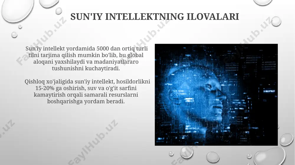 sh texnologiyalari video tahlilida sekundiga 60 kadrni qayta ishlash tezligiga erishgan bo'lib, bu real vaqt rejimida monitoring va xavfsizlik tizimlarini yaratish imkonini beradi. sun'iy intellektning afzalliklari va kamchiliklari sun'iy intellektning rivojlanishi natijasida yangi ish o'rinlari paydo bo'ladi, lekin taxminan 15% mavjud kasblar avtomatlashtirilish xavfi ostida. ai algoritmlari katta hajmdagi ma'lumotlarni tahlil qilib, 30% gacha samaradorlikni oshirishi mumkin, lekin noto'g'ri ma'lumotlarga asoslangan noto'g'ri taxminlar xavfi ham mavjud. neyron tarmoqlari neyron tarmoqlari milliardlab parametrlarga ega boʻlishi mumkin va bu ularning murakkab ma’lumotlarni tahlil qilish qobiliyatini oshiradi, 100 million parametrli model esa 10 million parametrli modeldan ancha yuqori aniqlikka ega boʻladi. neyron tarmoqlarini oʻqitish jarayoni, millionlab yoki milliardlab misollarni qayta ishlashni talab qiladi va bu jarayonning samaradorligi oʻqitish algoritmining turi va hisoblash quvvatiga bogʻliq, masalan, gpu yordamida tezroq amalga oshiriladi. e'tiboringiz uchun rahmat @taqdimot_robot image3.png image4.jpg image5.jpg image6.jpg image7.jpg image8.jpg image9.jpg image10.jpg image11.jpg image12.jpg image13.jpg image14.jpg image15.jpg image1.png