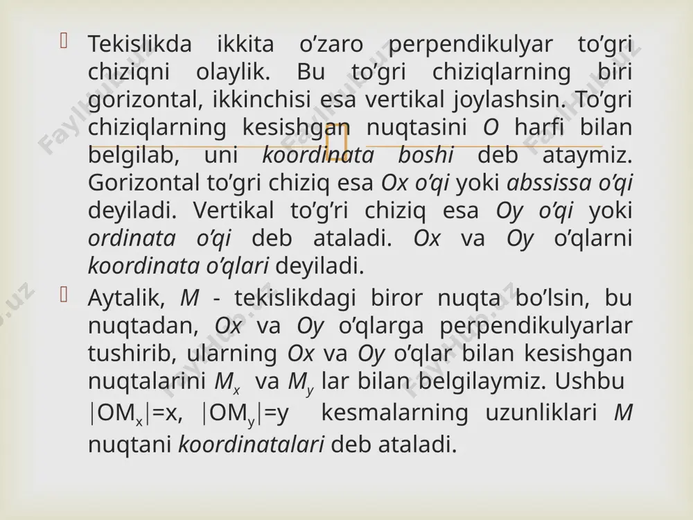 hloq xo’jalik masalalarini yechishga tatbiqlari bayon etilgan. analitik geometriyaning asosiy masalasi geometrik obyektlar, xususan to’g’ri chiziq, aylana, tekislik va h.k.larni algebraik tenglamalar bilan ifodalab, bu tenglamalar yordamida unga mos chiziqlarning xususiyatlarini o’rganishdan iborat. xulosa  t.a.azlarov va x.t. mansurovning «matematik analiz»(1,2 tom), xorijiy adabiyotlardan s. m.blinderning “guide to essential math” 2nd edition.elsevier, usa 2013, john r. fanchi “math refresher for scientists and engineers”, 3rd.ed., springer- verlag, new york 2008, jay l. devore, kenneth n. berk. modern mathematical statistiks with applications (second edition).- springer science+business media, llc 2012, a.m. ahtamovning “matematika dlya sotsiologov i ekonomistov”, moskva, “fizmatlit”, 2008, а.с.солодовников, в.а.бабайцев, а.в. браилов «математика в экономике», м. »фис», 1-tom,1998, i.a.zaytsev “vishiy matematika”, moskva, 1991, hamda b.abdalimov, a.a.fayziyev, b.rajabov, l. rajabovalarning “oliy matematika, ehtimollar nazariyasi va matematik statistika” t.“tashdau”, 2014, adabiyotlar  e’tiboringiz uchun rahmat!!!  /docprops/thumbnail.jpeg