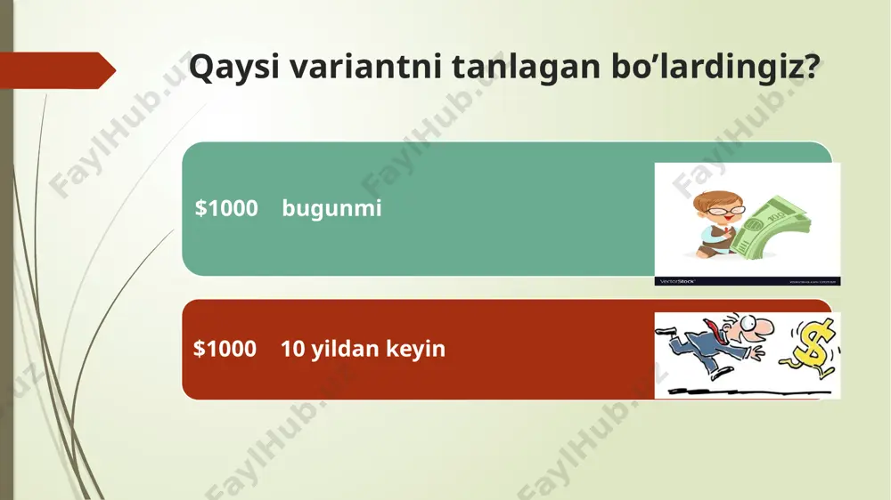 2 0 sana date pul oqimi cash flow $6,000 $ -10,000 $6,000 birinchi yil oxiri ikkinchi yil boshlanish bugun pul oqimlarini vaqt chizig’i joylashtirish biz davr sifatida nafaqat yillarda balki oylarda, choraklarda, (har qanday davr oralig’ida) joylashtirishimiz mumkin. mustahkamlash uchun masala: keyingi ikki yil davomida har bir yil uchun $ 10000 dan kontrakt to’lashingiz kerak. to’lov har semester uchun teng miqdorda to’lanishi kerak. to’lovlarni vaqt bo’yicha ifodalovchi vaqt chizig’ini chizing. savollarga javob bering: pul oqimining vaqt bo’yicha chizmasining asosiy elementlarini sanang. daromad va xarajatlar chizmada bir biridan qanday farq qiladi? asosiy qoida: 1-qoida. qiymatlarni solishtish va birlashtirish (qo’shib ayirish) bugungi pulning kelajakdagi puldan farqi bor. shuning uchun turli vaqtdagi qiymatlarni solishtirish yoki birlashtirish uchun albatta qiymatlarni bir xil vaqtga keltirish kerak!!! 2- qoida. pul oqimini kelajakka o’tkazish agar bozorda kapital yiliga 10% dan oshsa bugungi $ 1000 ni bir yildan keyin necha pul bo’lishini topamiz: $ 1000*1,1=$ 1100 ($1000 bugun) …