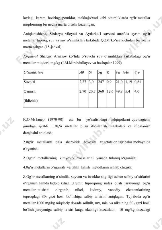 ala sharoitida bevosita vegetatsion tajribalar mobaynida o‘rganish; z.og‘ir metallarning kimyoviy xossalarini yanada tularoq o‘rganish; 4.0g‘ir metallarni o‘rganish va tahlil kilish metodlarini ishlab chiqish; z.og‘ir metallarning o‘simlik, xayvon va insoklar sog‘ligi uchun salbiy ta’sirlarini o‘rganish hamda tadbiq kilish. u smit tuproqning nafas olish jarayoniga og‘ir metallar ta’sirini o‘rganib, nikel, kadmiy, vanadiy elementlarining tuproqdagi s02 gazi hosil bo‘lishiga salbiy ta’sirini aniqlagan. tyjribada og‘ir metallar 1000 mg/kg miqdoriy dozada solinib, rux, mis, va nikelning s02 gazi hosil bo‘lish jarayoniga salbiy ta’siri katga ekanligi kuzatiladi. 10 mg/kg dozadagi qadmiy tuproqning kislorod muvozanatini kamaytirib, s02 gazining ajralishini 40% ga susaytiradi, birok qadmiy 0,01 mg/kg dozada tuproqning ' kislorodga bo‘lgan talabini tezlashuviga ta’sir ko‘rsatadi. 100 mg/kg simob tuproq nafas olish jarayoniga ingibator sifatida ta’sir qiladi. birok og‘ir metallarning yuqori dozadagi miqdori (1000 mg/kg) tofli va loyli tuproqlarda nafas olish jarayoniga sezilarli ta’sir qilmaydi. tuproqqa tushgan og‘ir metallar va ularning birikm.alari ba’zan kuchli ta’sirga ega bo‘lmasligi mumkin. …