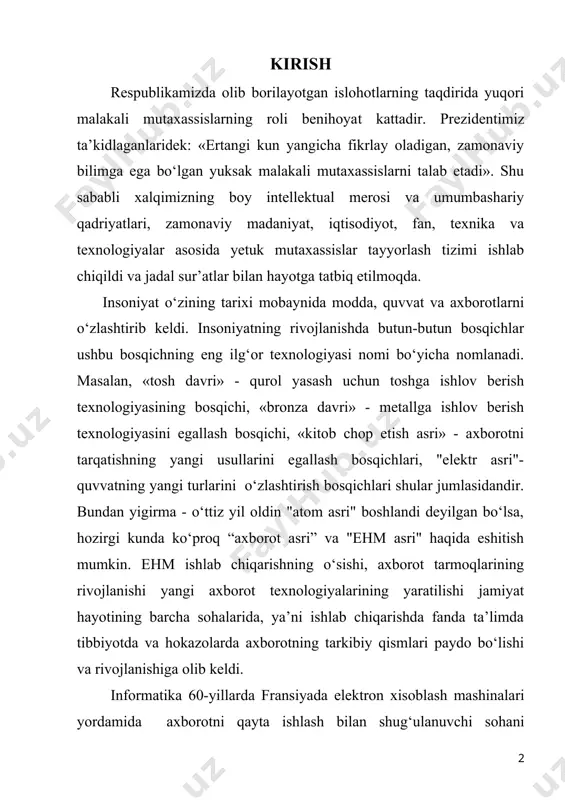 ash mashinalari yordamida axborotni qayta ishlash bilan shug‘ulanuvchi sohani ifodalovchi atama sifatida yuzaga keldi. informatika atamasi lotincha information so‘zidan kelib chiqqan bo‘lib, tushuntirish, xabar berish, bayon etish ma’nolarini anglatadi. ingliz tilida so‘zlashuvchi mamlakatlarda bu atamaga computer science (kompyuter texnikasi haqidagi fan) sinonimi mos keladi. informatika inson faoliyatining mustaqil sohasi sifatida ajralib chiqishi birinchi navbatda kompyuter texnikasining rivojlanishi bilan bog‘liq. bunda asosiy xizmat mikroprotsessor texnikasiga to‘g‘ri keladi, uning paydo bo‘lishi 70-yillar o‘rtalarida ikkinchi elektron inqilobni boshlab berdi. shu davrdan boshlab hisoblash mashinalarining element negizini integral chizma va mikroprotsessorlar tashkil etdi. informatika atamasi nafaqat kompyuter texnikasi yutuqlarini aks ettirish va foydalanish, balki axborotni o‘zatish va qayta ishlash jarayonlari bilan ham bog‘lanadi. kompyuter - bu ixtiyoriy ko‘rinishdagi axborotni avtomatik tarzda qayta ishlovchi qurilmadir. hozirgi kunda ularning hammasi elektron kompyuterlar hisoblanadi va uning turmushimizning xar bir sohasida roli be’qiyosdir. ushbu kurs ishida ma’lumotlar bazasi va ularni yaratish vositalari haqida so’z boradi. jumladan, database desktop …