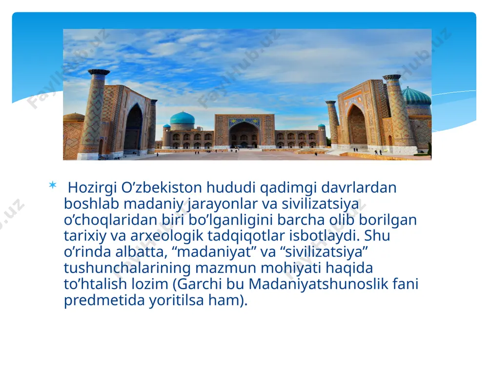 sining ko’lbuloq (angren yaqinida), xo’jakent, obirahmat g’orlari, samarqand yaqinidagi omonqo’ton, takalisoy, zarafshon vodiysidagi uchtut va ijond toshkonlari, surxondaryo viloyatidagi teshiktosh g’ori va h.k. varaxshon manzilgohi: mezolit davrining yana bir yodgorligi boysun tog’larida machay soyi yonidagi qoya etagidan topilgan. uni tadqiq etganda machay g’orida mezolit davri oxirlarida ovchilar va baliqchilar yashaganligi ma’lum bo’ldi. o’zbekiston hududining amudaryo va sirdaryo havzalaridagi ko’l va soy bo’ylarida mezolit davri ovchilari va baliqchilari yashaganlar. keyingi yillarda bu davr manzilgohlari o’zbekistonning boshqa viloyatlaridan ham topildi. mezolit davri: dastlabki qoya tasvirlarni qadimshunosning qizalog’i kashf qilgan. o’shanda ular ispaniyaning altamir g’orida edilar. ranglar qirmizi va boshqa ranglar bilan ishlangan. buning siri hanuz ochilmagan. ular so’nggi paleolitda chekilgan (tosh devorga o’yib ishlangan). o’zbekistonda bunday rasmlar mezolit davrida kashf etilgan. ularning ayrimlari rang berib ishlangan. ba’zilari o’yib ishlangan. surxondaryo viloyatidagi zarautsoy qoya tasvirlari mezolit davriga oid. toshga o’yib tushirilgan rasmlar fan tilida petrogliflar deb ataladi (yunoncha “petros”tosh, “glife” o’yish). neolit davri …