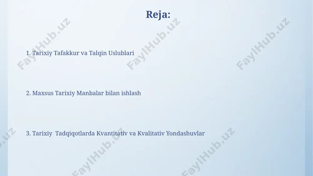 ni tahlil qilish orqali rim imperiyasi jamiyatining ijtimoiy tuzilmasi haqida ma'lumot olish mumkin. kartografik usullar 18-asrda rossiya imperiyasi tomonidan tuzilgan markaziy osiyo xaritalari, taxminan 500 000 kvadrat kilometr hududni o'z ichiga olib, topografik detallarga ega bo'lgan. turkiy imperiyaning 17-asrga oid istanbul arxivi xaritalarida, anqara va izmir shaharlarining o'sha davrdagi demografik va infratuzilmaviy xususiyatlarini aks ettiruvchi grafik elementlar mavjud. paleografiya va diplomatika usullari markaziy osiyo, xususan, xorazm viloyatidan topilgan 200 dan ortiq muhr va tamg'alarni diplomatik tahlil qilish, ularning mansabdor shaxslarga va davlat tuzumiga tegishli ekanligini aniqlash imkonini beradi. 10-15-asrga oid samarqanddan topilgan hujjatlarni paleografiya usuli bilan tahlil qilish, yozuv tizimining evolyutsiyasi va 17-asrda yozilgan buxoro hujjatlaridagi farqlarni aniqlashga imkon beradi. tarixiy komparativ usullar мисол учун, бухоро амирлиги ва қозон ханлигининг 19-асрдаги ижтимоий-иқтисодий тузумини таҳлил қилишда 3 та манбадан фойдаланилган. бу усулда ўрта осиё ва хитой каби 2 та ёки ундан ортиқ минтақаларнинг иқтисодий ва сиёсий тараққиёти солиштирилади. prosopografiya usullari бу …