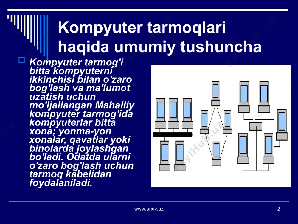 er nomini kiritamiz va albatta dalee (oldinga) tugmasini bosamiz. www.arxiv.uz www.arxiv.uz * internet provayder tomonidan berilgan telefon raqami kiritiladi. agarda siz ulangan telefon analogli telefon stansiyasiga tegishli bo'lsa, telefon raqamidan oldin r harfini kiritish shart. www.arxiv.uz www.arxiv.uz * . keyingi oynada internet-provayder tomonidan beriladigan foydalanuvchi nomi (login) va parol ikki marta kiritiladi va dalee (oldinga) tugmasi bosiladi. www.arxiv.uz www.arxiv.uz * 9. natijada yordamchi usta dasturining oxirgi oynasi hosil bo'ladi. u yerda gotovo (tayyor) tugmasini bosamiz. agarda ulanishni tashkil etuvchi yorliq ish stolida hosil bo'lishini istasangiz, dobavit yarlik na rabochiy stol (ish stolida yorliq yaratish) dagi bayroqchani o'rnatish kerak. www.arxiv.uz www.arxiv.uz * kompyuterda web-sahifalarni ko'zdan kechirish. internet explorer dasturi kompyuterni internet tarmog'iga ulaganimizdan keyin albatta internetda biz biron-bir axborotni ko'rishga urinib ko'ramiz. internet tarmog'ida ma'lumot asosan web-sahifa (sayt) shaklida tasvirlanadi. web-sahifani ochish uchun biz uning url-manzilini kiritishimiz kerak bo'ladi. url-manzil odatda quyidagidek shaklga ega bo'ladi: www.gov.uz www.mail.ru www.yahoo.com www.arxiv.uz www.arxiv.uz * …