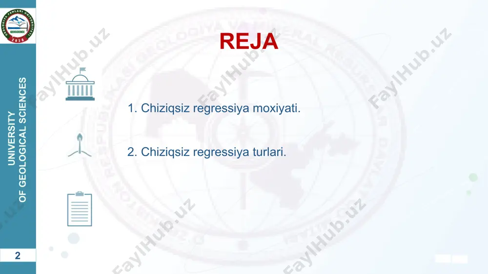yoslash zaruriyati tug`ilganida model asosida aniqlangan miqdoriy analitik natijalarni qiyoslash haqida savol tug`ilishi mumkin. stoxastik tahlilda modelning o`zi empirik ma’lumotlar to`plami asosida tuzilgani uchun, haqiqiy modelni hosil qilishning asosi bo`lib barcha dastlabki kuzatishlar bo`yicha bog`lanishlarning miqdoriy xarakteristikalarini mos kelishi hisoblanadi. 6 university of geological sciences regression stoxastik (chiziqsiz) modellashni misollari. ekonometrik izlanishlarda hodisa va jarayonlarni stoxastik modellashtirishning quyidagi matematik-statistika usullarini qo`llash topilgan: - ko`rsatkichlar o`rtasidagi bog`lanishlar va korrelyatsiyani baholash; - bog`lanishlarni statistik mohiyatliligini baholash; - regressiya tahlili; - iqtisodiy ko`rsatkichlarning davriy tebranishi parametrlarini aniqlash; - ko`p o`lchamli kuzatishlarni guruhlash; - dispersiya tahlili; - zamonaviy omilli (komponent) tahlili; - transformatsiya tahlili. 7 university of geological sciences regressiyaning chiziqsiz modellari quyida keltirilgan: parabola logarifmik darajali eksponensional 8 university of geological sciences parabola modeli 9 university of geological sciences logarifmik model 10 university of geological sciences darajali model ln y = ln a0 + a1 ln t 11 university of geological sciences eksponensional …