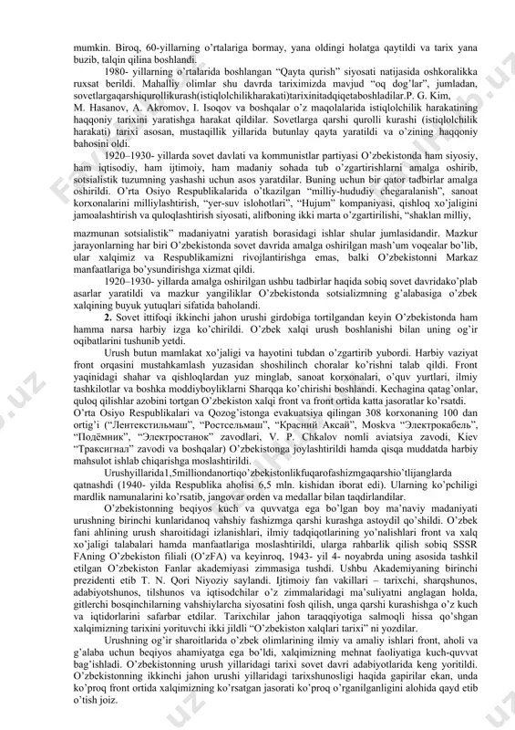 rlik bilan o’rnatilishi, ularning siyosiy huquqlarining paymol etilishi va o’ylamay o’tkazilgan iqtisodiy o’zgartirishlar natijasida turkiston xalqlari sovet davlatiga qarshi milliy-ozodlik harakatiga ko’tarildilar. ushbu harakat dastlab “shaykalar”, “banditlar” harakati deb nomlangan bo’lsa, 1919- yilning o’rtalaridan “bosmachilik harakati” deb ataldi. natijada, turkiston xalqlarining mustaqillik uchun olib borgan kurashi “bosqinchilar kurashi” sifatida badnom qilindi. mazkur tarixiy voqyelikka yondashuv siyosiy va ijtimoiy vaziyat taqozosi bilan 1980-yillarning ikkinchi yarmidan o’zgara bordi va mustaqillik sharofati bilan o’zining haqiqiy bahosini oldi. 1994- yil 15- dekabrda o’zbekiston respublikasi fa tarix institutidagi davra suhbatida u “istiqlolchilik harakati” deb nomlandi. 1918- yil fevralda farg’ona vodiysida boshlangan istiqlolchilik harakati to 30- yillarning o’rtalarigacha, qariyb 20 yil davom etdi.mana shu tarixiyvoqeaga bag’ishlangan ko’plab tarixiy asarlar yaratildi, bir qator nomzodlik va doktorlik dissertatsiyalari himoya qilindi. lekin, sovet davrida u “bosmachilik harakati” sifatida, boylar, burjuaziya, ruhoniylar va chet el interventlarining xalq manfaatlariga qarshi bo’lgan “aksilinqilobiy harakati” deb ta’riflandi. istiqlolchilik harakati sovet tarixshunosligi haqida gapirilar …