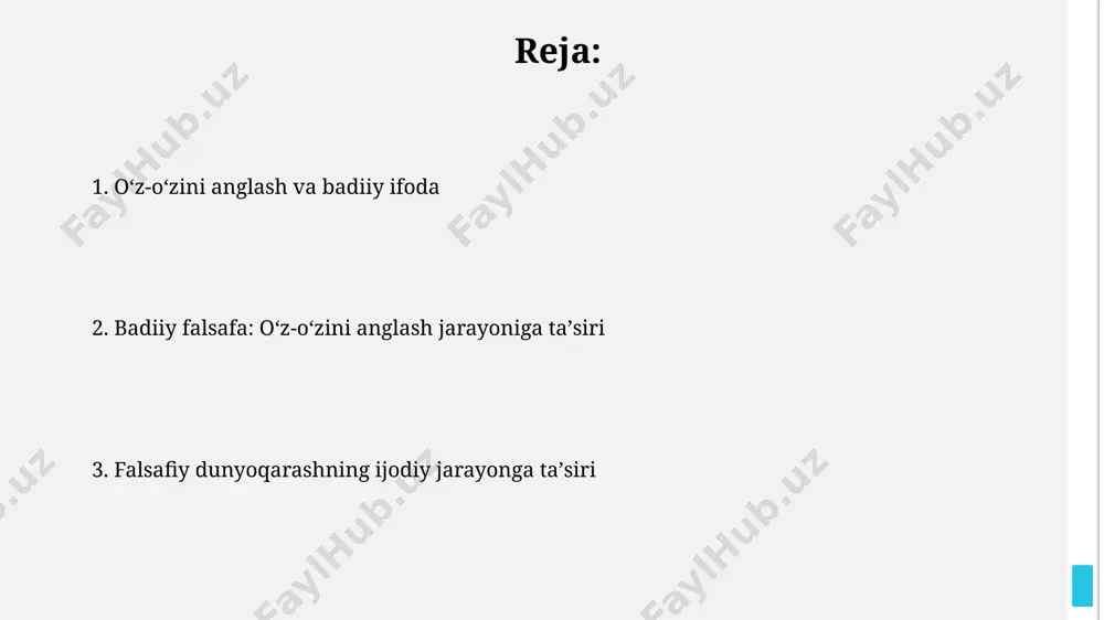 rlin kabi shaharlardagi madaniy ta'sirlar bilan birga tahlil qilish kerak. ekzistensializm va ijodkorlik ekzistensializm, 20-asrning o'rtalarida yevropa, xususan frantsiya va germaniyada paydo bo'lgan falsafiy oqim bo'lib, ijodkorlarning o'z mavjudligini anglashida 3 asosiy elementni – erkinlik, mas'uliyat va mavjudlikni ta'kidlaydi. ekzistensializmga ko'ra, san'at asarlari 100% shaxsiy tajriba va his-tuyg'ularning ifodasi bo'lib, rassomning o'z mavjudligi haqidagi chuqur anglashini aks ettiradi, masalan, albert kamyu yoki j.p.sartre asarlarida ko'rish mumkin. modernizm va post-modernizm ta'siri 1968-yildagi parij voqealari kabi ijtimoiy-siyosiy inqirozlar postmodern sanʼatning shakllanishida muhim rol oʻynab, individuallik va ijtimoiy normalarga qarshilikni 3-4 asosiy yoʻnalishlarda namoyon etdi. modernizm, 20-asr boshlarida yevropa va amerika qoʻshma shtatlarida paydo boʻlib, shaxsiy tajribaga va subyektivlikka 100 dan ortiq yangi badiiy uslublar orqali urgʻu berdi. badiiy asar orqali oʻz-oʻzini kashf etish o'zbekistonning zamonaviy badiiy madaniyatida, 2000-yillardan beri, 5 dan ortiq yozuvchining asarlari o'zlikni anglashga, o'ziga xos bo'lgan ichki dunyoni kashf etishga bag'ishlangan bo'lib, ularning 25% samarqand shahrida yashagan. badiiy asarlar, …