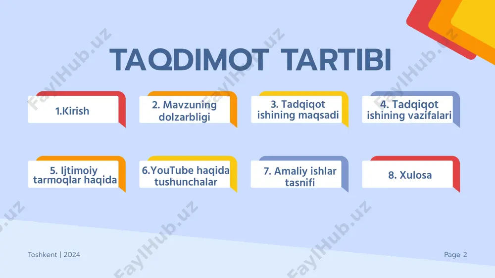 bilan yaqindan tanishish 3-vazifa tadqiqot ishining vazifalari toshkent | 2024 page 7 ijtimoiy tarmoqlar tarixi bir asrdan kamroq vaqt ichida ijtimoiy media to‘g‘ridan-to‘g‘ri elektron ma’lumotlar almashinuvidan virtual yig‘ilish joyiga, chakana savdo maydonchasiga va 21-asrning muhim marketing vositasiga aylandi. ijtimoiy tarmoqlar 1844-yil 24-mayda telegraf mashinasida qo‘l bilan chertib qo‘yilgan bir qator elektron nuqta va chiziqchalar bilan boshlangan. zamonaviy ijtimoiy tarmoq nazariyasi 1951-yilda anatoliy rapoport va rey solomonoff tomonidan yaratilgan. ijtimoiy tarmoqlar internet bo‘ylab g‘alabali yurishini 1995-yilda amerikaning classmates.com portali ("odnoklassniki" uning rossiyadagi muqobili) bilan boshladi. page 8 youtube youtube – foydalanuvchilarga videolarni saqlash, yetkazib berish va namoyish qilish xizmatlarini taqdim etuvchi platforma. saytga bir kunlik tashrif buyuruvchilar soni 2 mlrdga teng. platformaga 2005-yilning fevral oyida steve chen, chad hurley va jawed karim tomonidan asos solingan. youtube dastavval tanishuv sayti bo‘lishi ko‘zda tutilgan edi. youtubega joylangan birinchi video jawed karimning "me at the zoo" nomli qisqa videosi bo‘lib, u 2005-yil 23-aprelda joylashtirilgan. …
