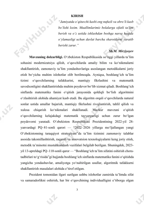 hilarga qoldiqli bo‘lish algoritmini tushunarli va samarali tarzda o‘rgatish metodikasini ilmiy-nazariy va amaliy asosda yoritishdan iborat. shu orqali o‘quvchilarda mustahkam matematik bilim va ko‘nikmalarni shakllantirish, ularning mantiqiy fikrlashini rivojlantirish hamda algoritmik tafakkurini tarbiyalashga xizmat qiluvchi innovatsion pedagogik yondashuvlarni aniqlash ko‘zda tutiladi. kurs ishining vazifalari: 1. qoldiqli bo‘lish algoritmining mazmunini yoritish. 2. boshlang‘ich sinflarda ushbu mavzuning o‘rni va ahamiyatini aniqlash. 3. o‘rgatish usul va metodlarini tahlil qilish. 4. amaliy dars ishlanmalarini o‘rganish va baholash. 5. o‘quvchilarda algoritmik fikrlashni shakllantirish yo‘llarini ko‘rsatish. kurs ishining predmeti. boshlang‘ich sinf matematika darslarida qoldiqli bo‘lish algoritmini o‘rgatish metodikasi. kurs ishining obyekti. boshlang‘ich sinf o‘quvchilarining matematika fanidagi qoldiqli bo‘lish algoritmini o‘zlashtirish jarayoni. kurs ishining tuzilishi: kirish, 2 ta bob, umumiy xulosa va foydalanilgan adabiyotlar ro‘yxatidan iborat. i-bob. qoldiqli bo‘lish algoritmini o‘qitishning nazariy asoslari 1.1. qoldiqli bo‘lish haqida umumiy tushuncha qoldiqli bo‘lish — natural sonlarni bo‘lish amali bo‘lib, bunda natijada bo‘linmaning butun qismi va qoldiq qismi hosil bo‘ladi. …